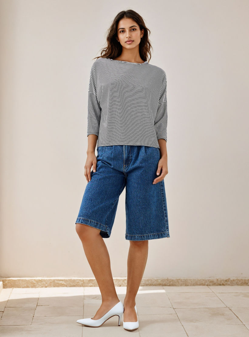 Striped T-shirt with Drop Shoulder Sleeves-women-clothing-tshirts-image-2