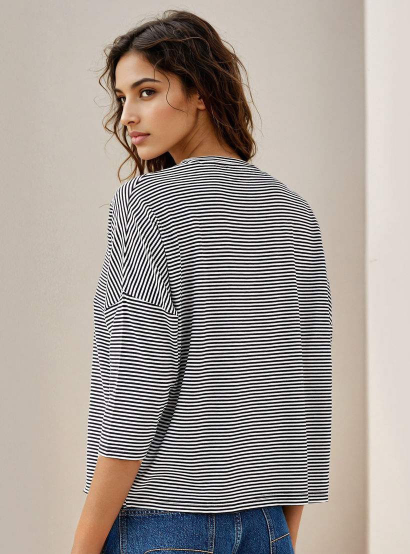 Striped T-shirt with Drop Shoulder Sleeves-women-clothing-tshirts-image-3