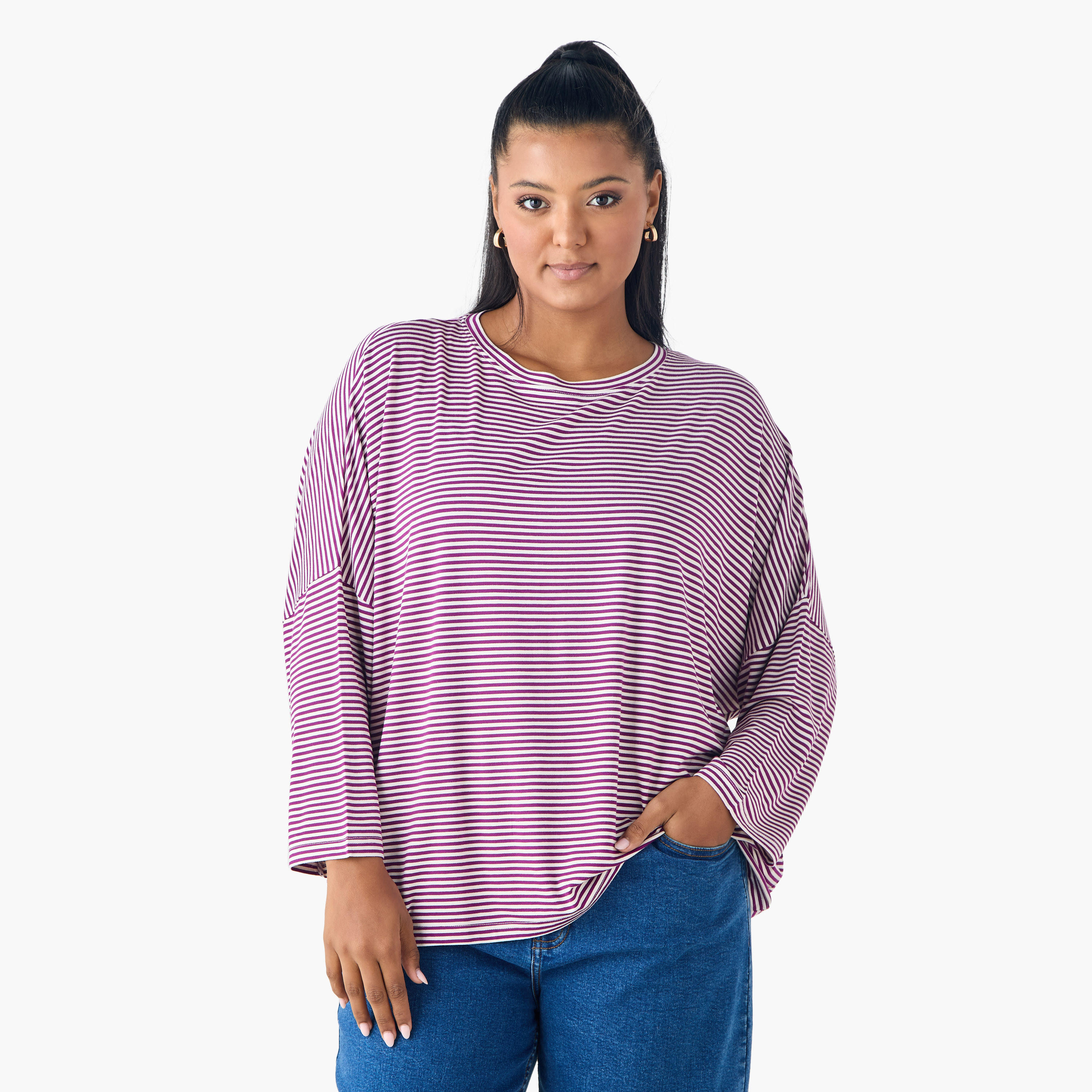 Striped T-shirt with Drop Shoulder Sleeves-women-clothing-tshirts-image-6