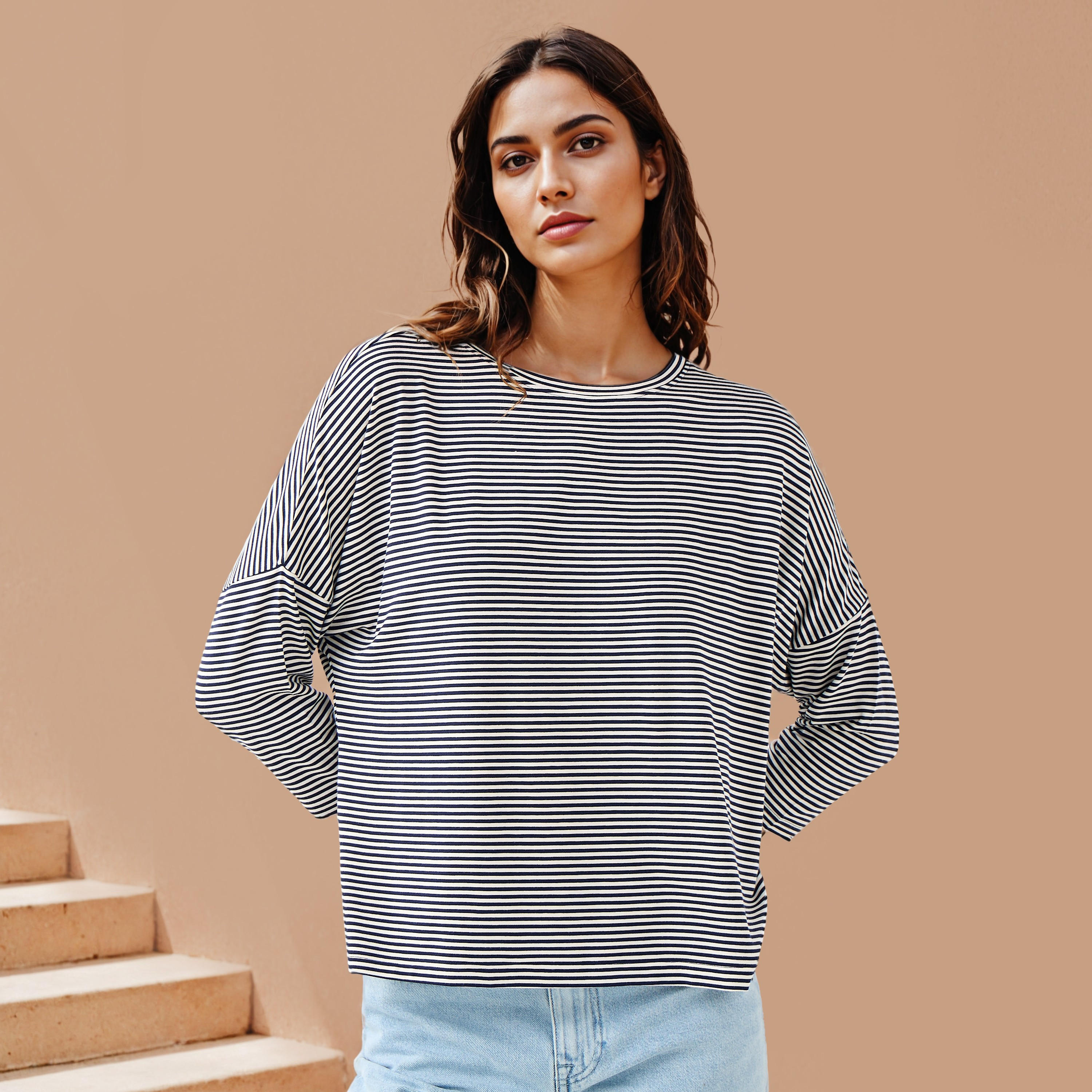 Striped T-shirt with Drop Shoulder Sleeves-women-clothing-tshirts-image-1