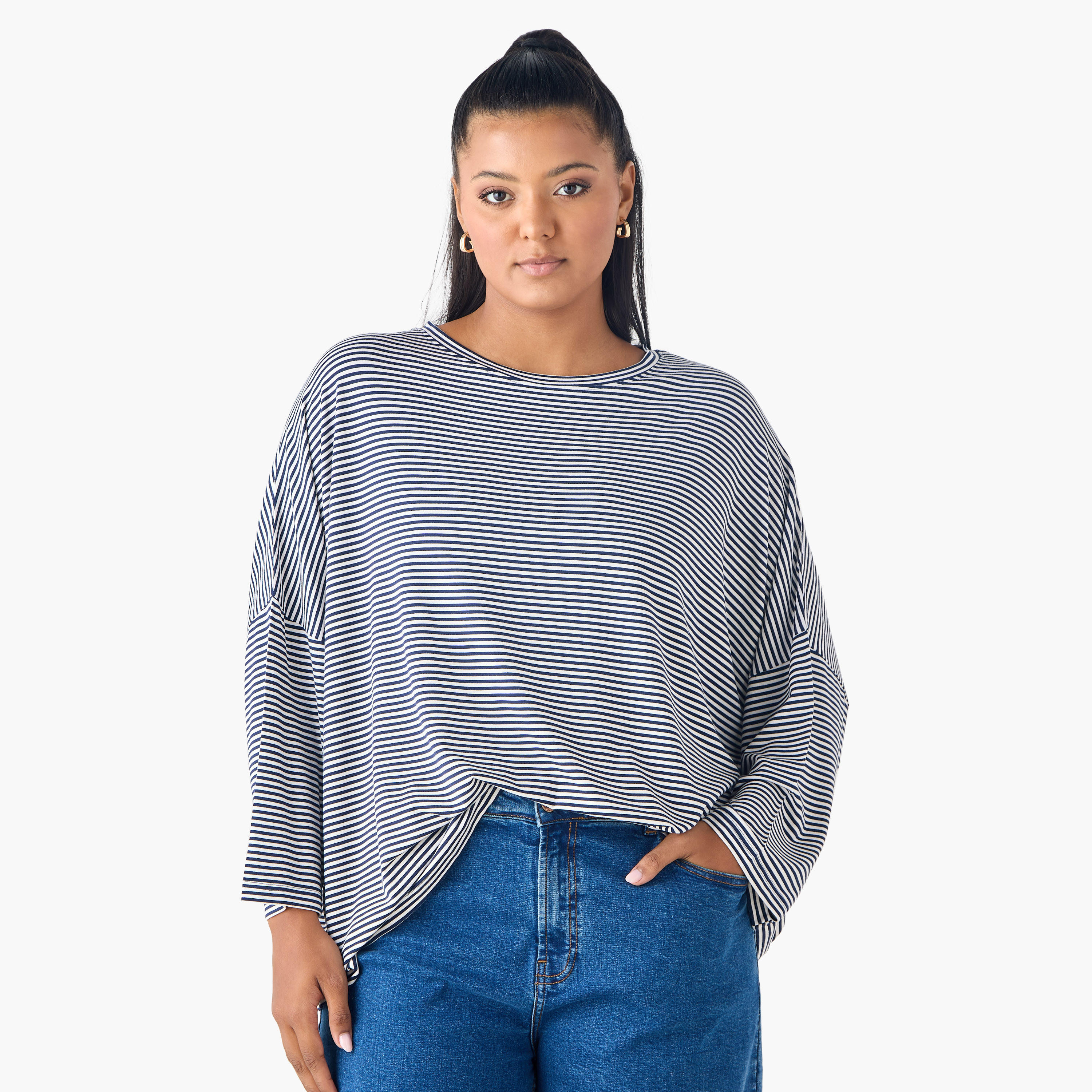 Striped T-shirt with Drop Shoulder Sleeves-women-clothing-tshirts-image-6