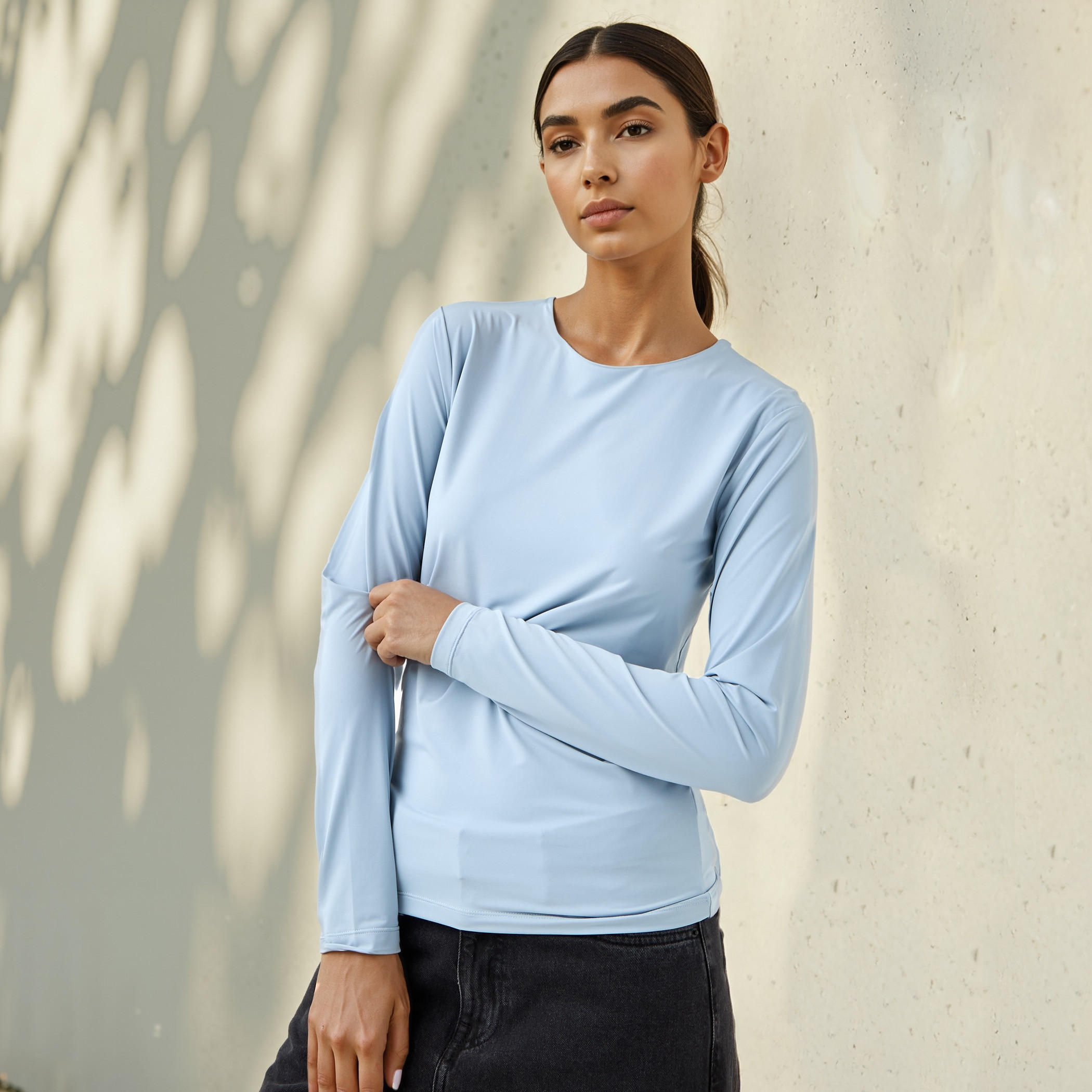 Crew Neck T-shirt with Long Sleeves-women-clothing-tshirts-image-1
