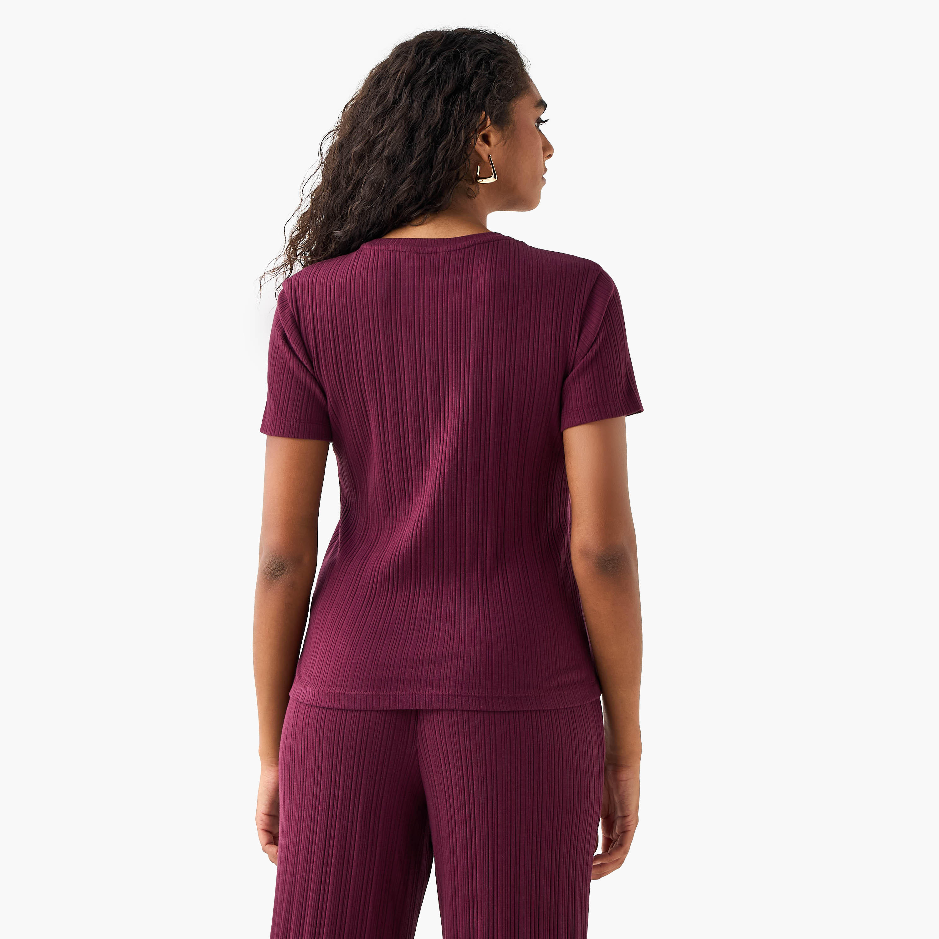 Ribbed Round Neck T-shirt-women-clothing-coordsets-image-3