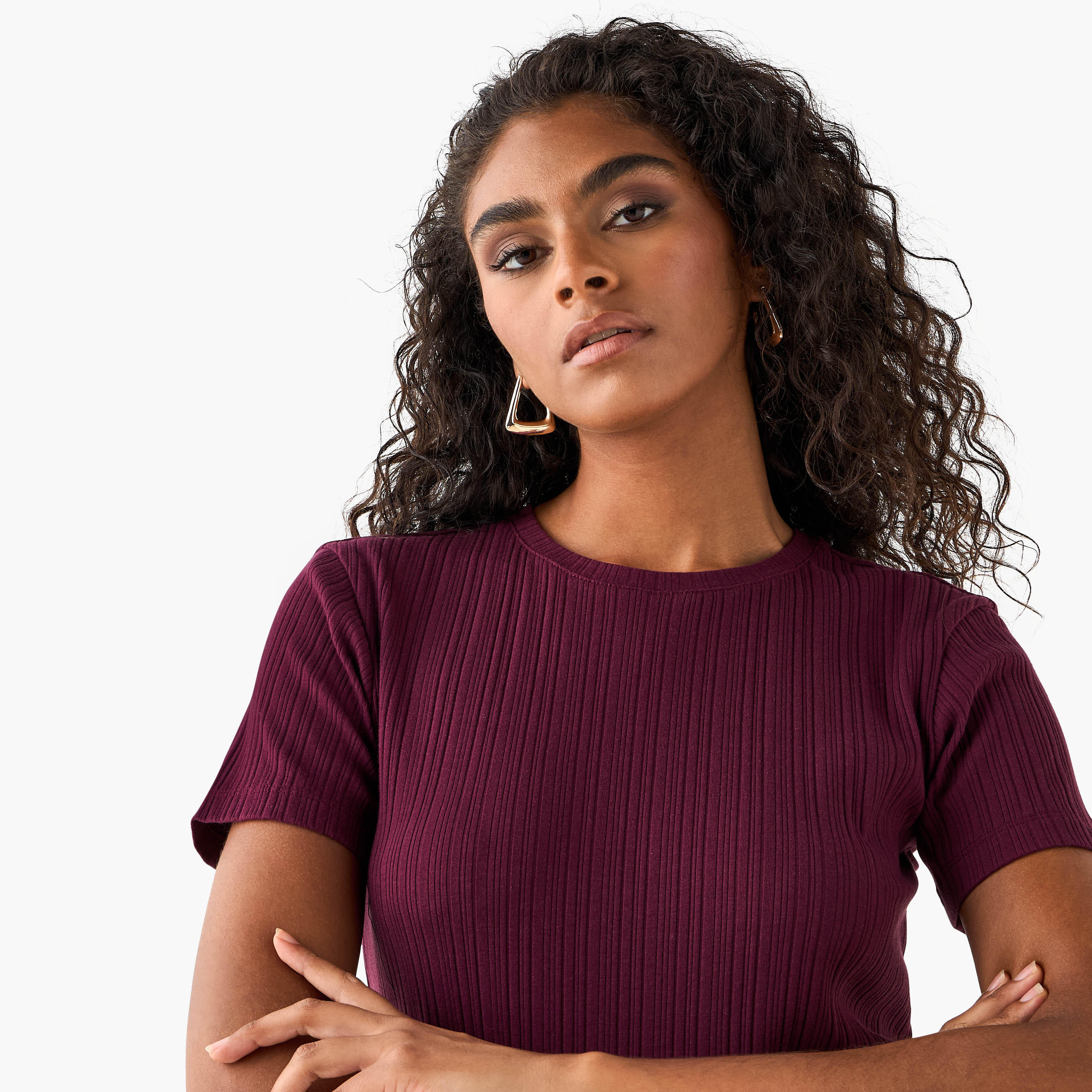 Ribbed Round Neck T-shirt-women-clothing-coordsets-image-4