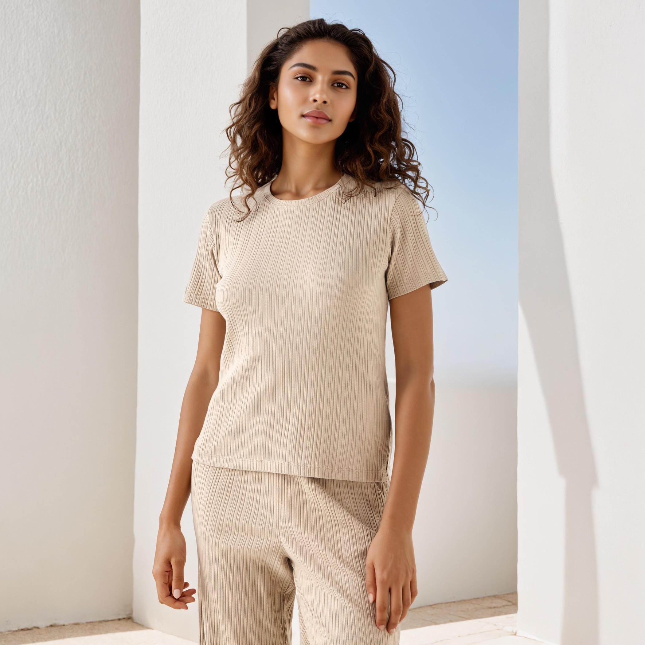 Ribbed Round Neck T-shirt-women-clothing-coordsets-image-1