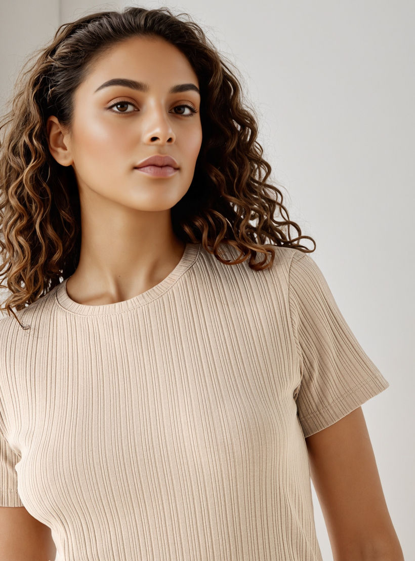 Ribbed Round Neck T-shirt-women-clothing-coordsets-image-4