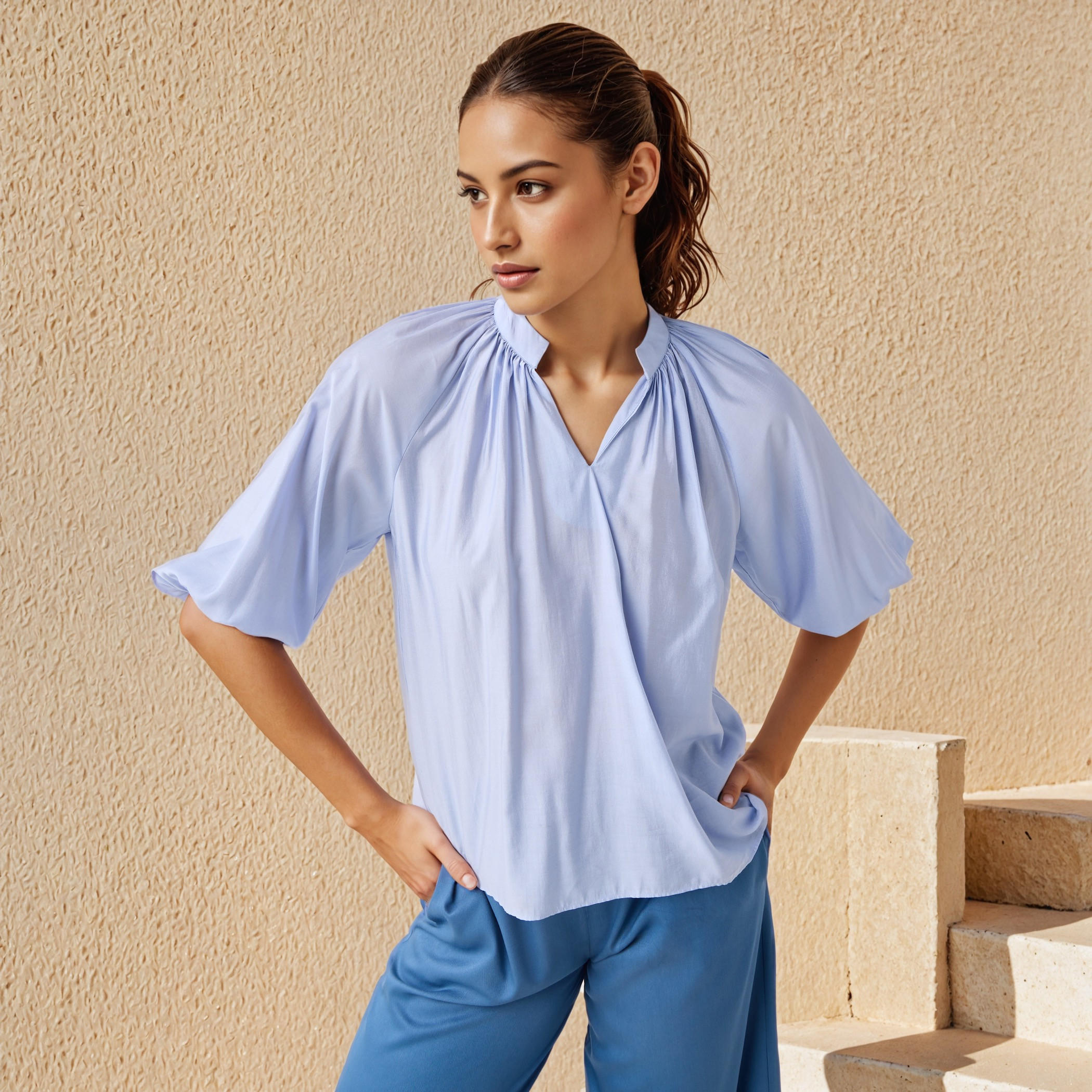 Mandarin Collar Balloon Sleeves Top-women-clothing-shirtsandblouses-blouses-image-1