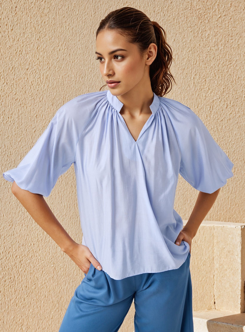 Mandarin Collar Balloon Sleeves Top-women-clothing-shirtsandblouses-blouses-image-1