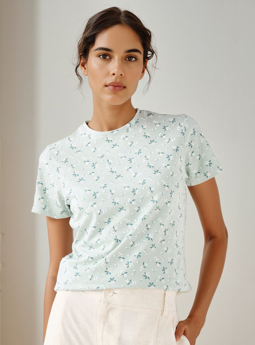 Floral Print Crew Neck T-shirt with Short Sleeves-women-clothing-tshirts-image-1