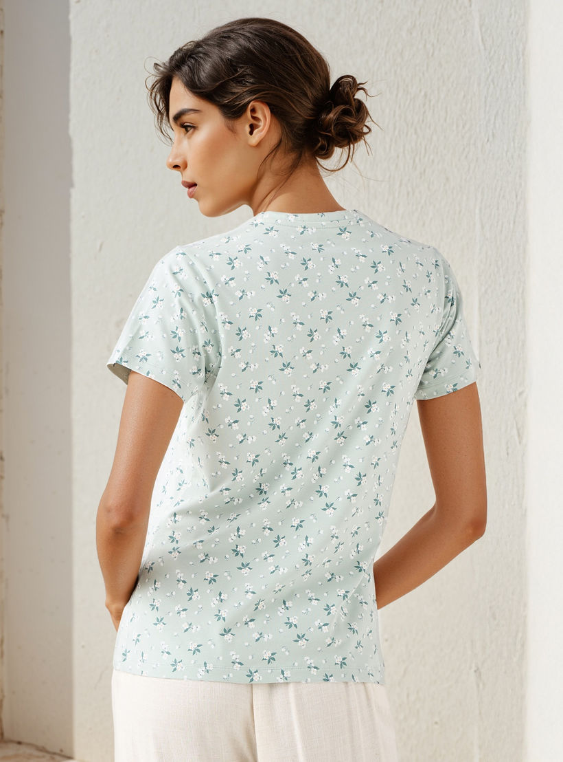 Floral Print Crew Neck T-shirt with Short Sleeves-women-clothing-tshirts-image-3