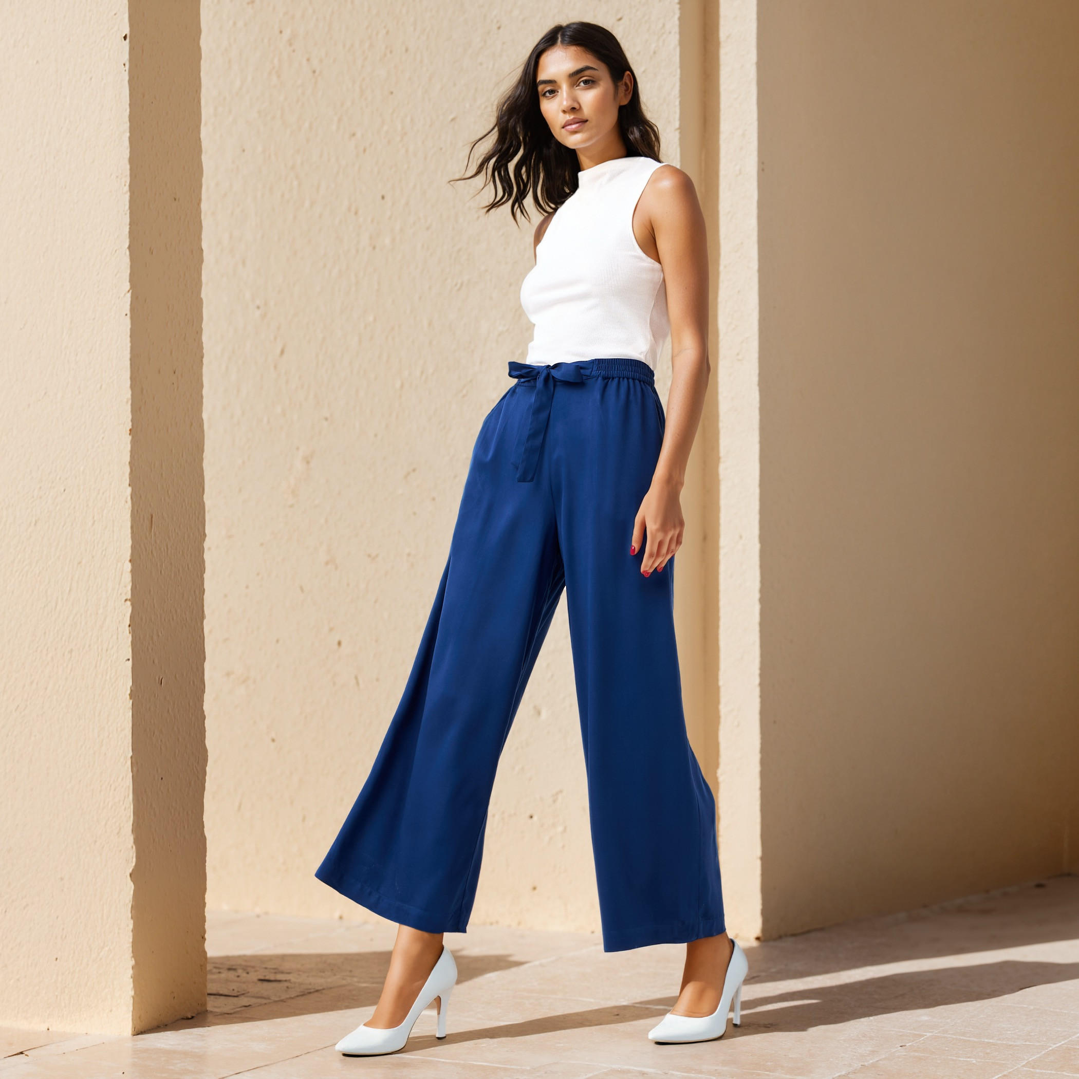 بنطلون بالازو بقصّة مريحة وخصر مطاطي وجيوب وحزام رباط-women-clothing-trousers-image-2