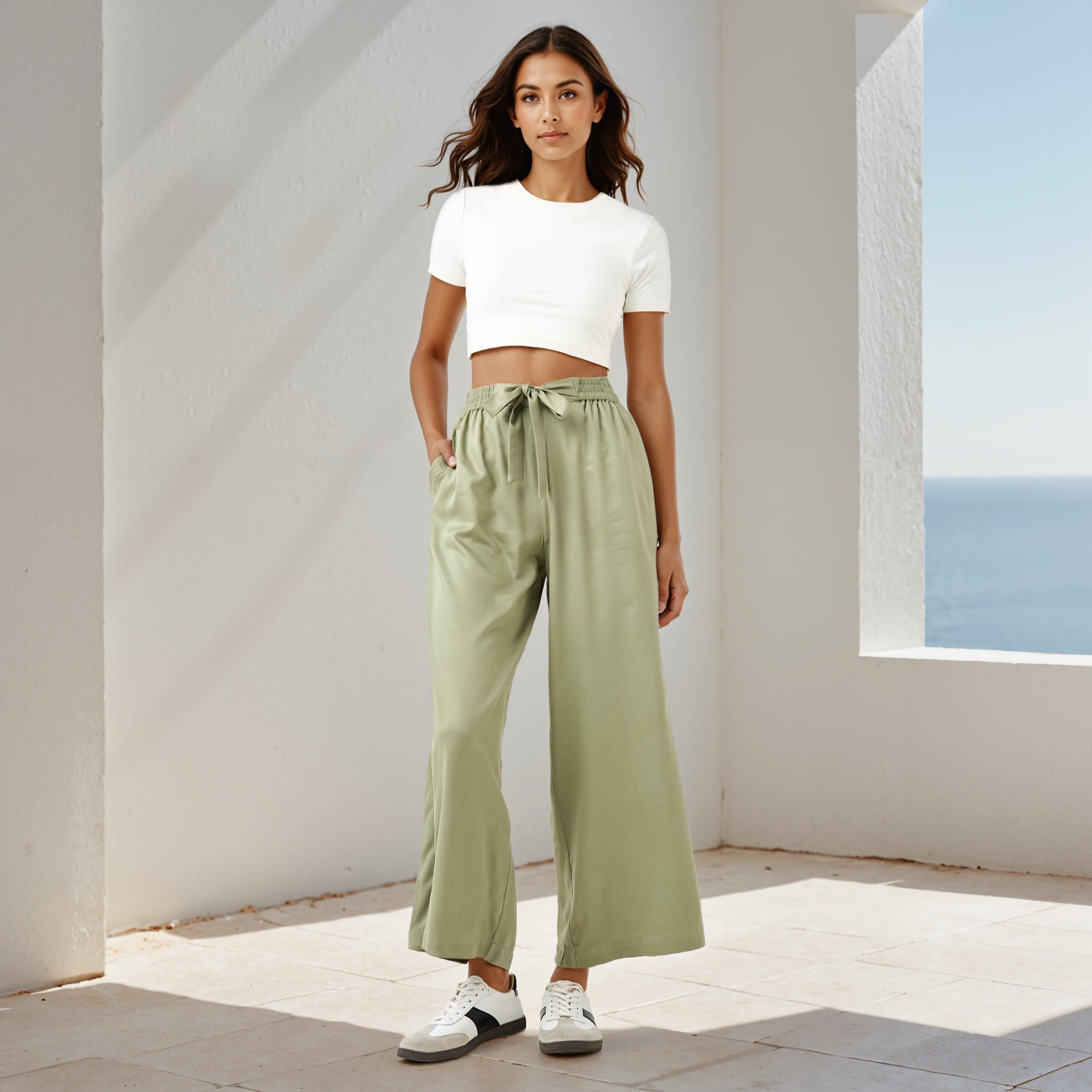 بنطلون بالازو بقصّة مريحة وخصر مطاطي وجيوب وحزام رباط-women-clothing-trousers-image-2
