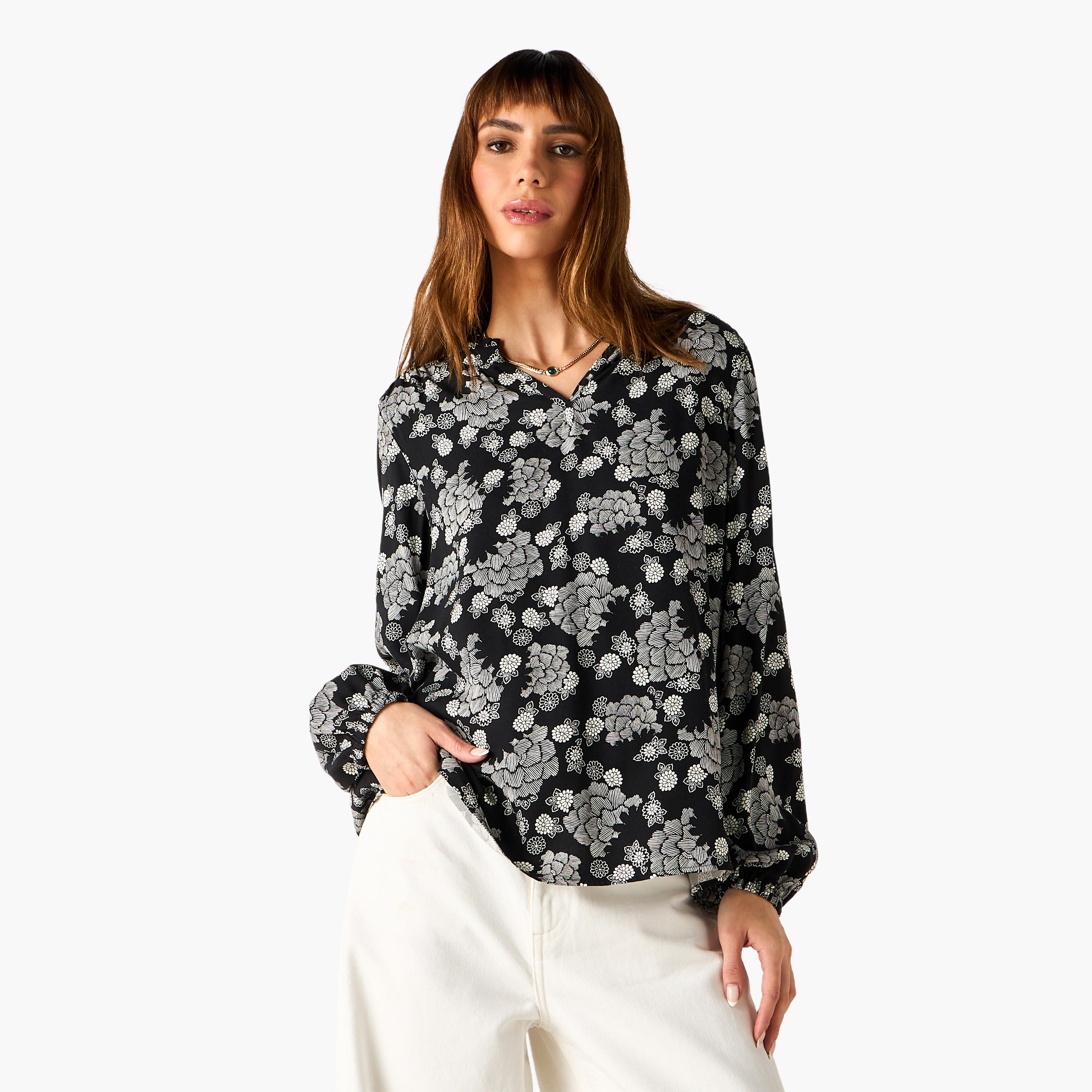 Floral Print Top with V-neck and Long Sleeves-women-clothing-shirtsandblouses-blouses-image-1