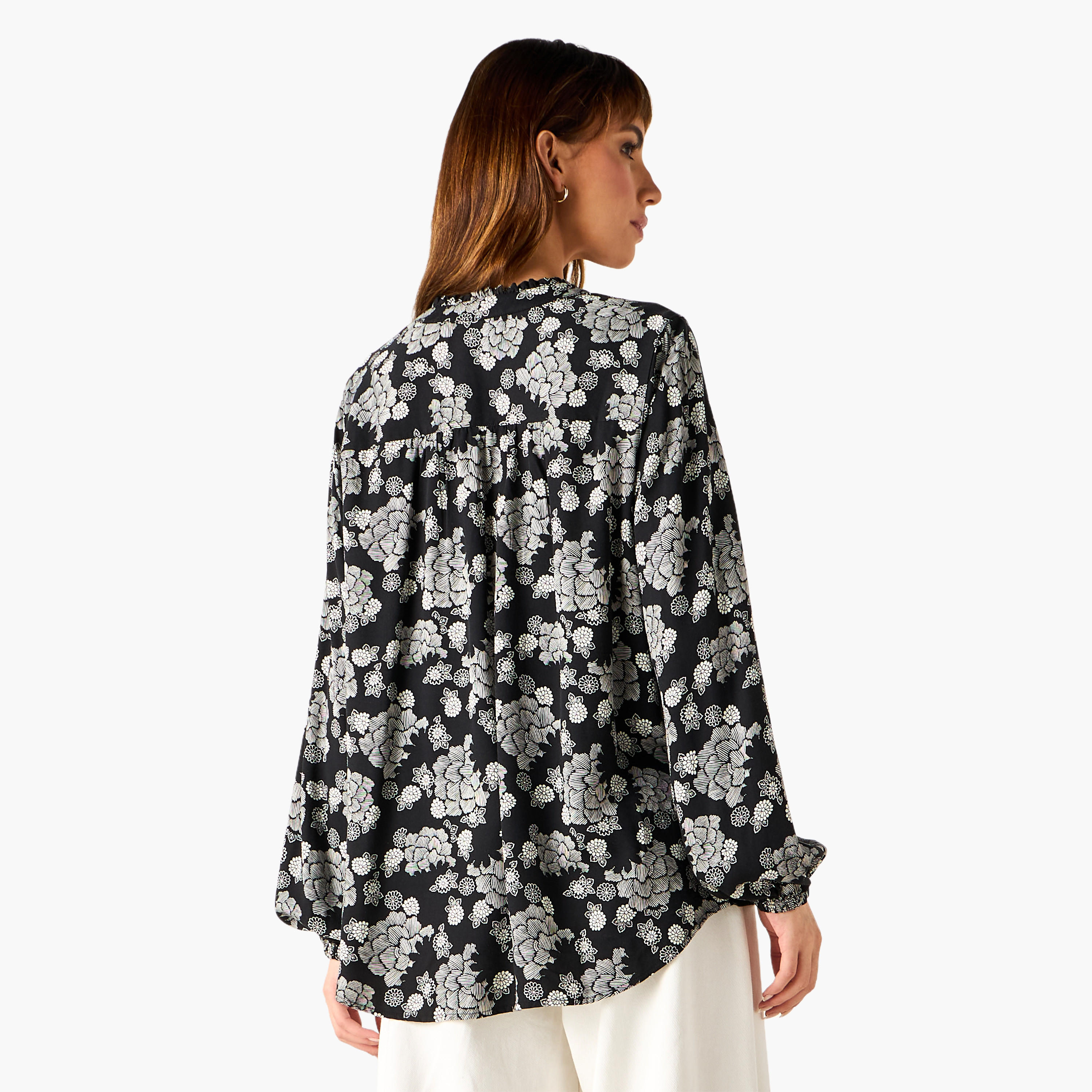Floral Print Top with V-neck and Long Sleeves-women-clothing-shirtsandblouses-blouses-image-3