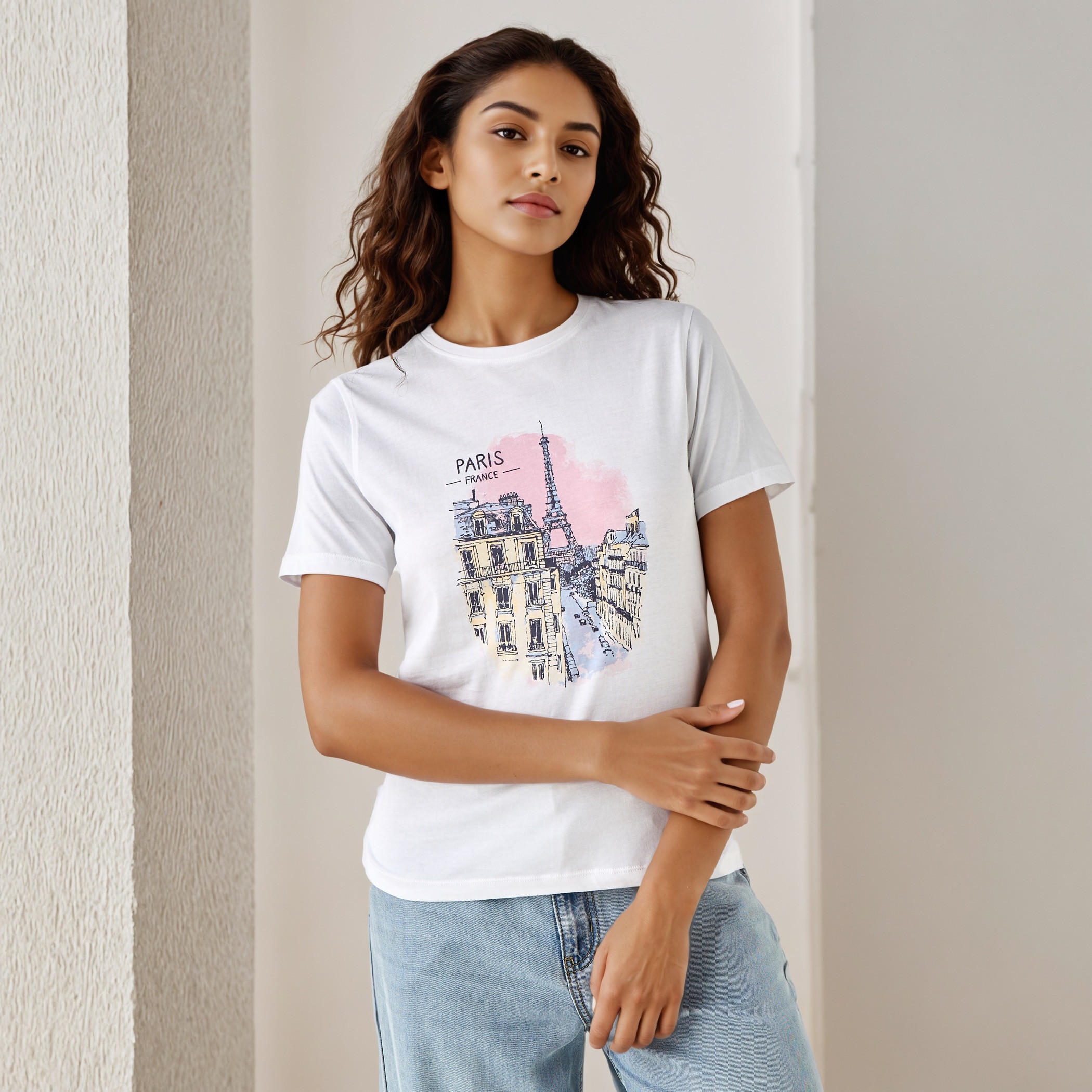 Paris Print T-shirt with Crew Neck-women-clothing-tshirts-image-1