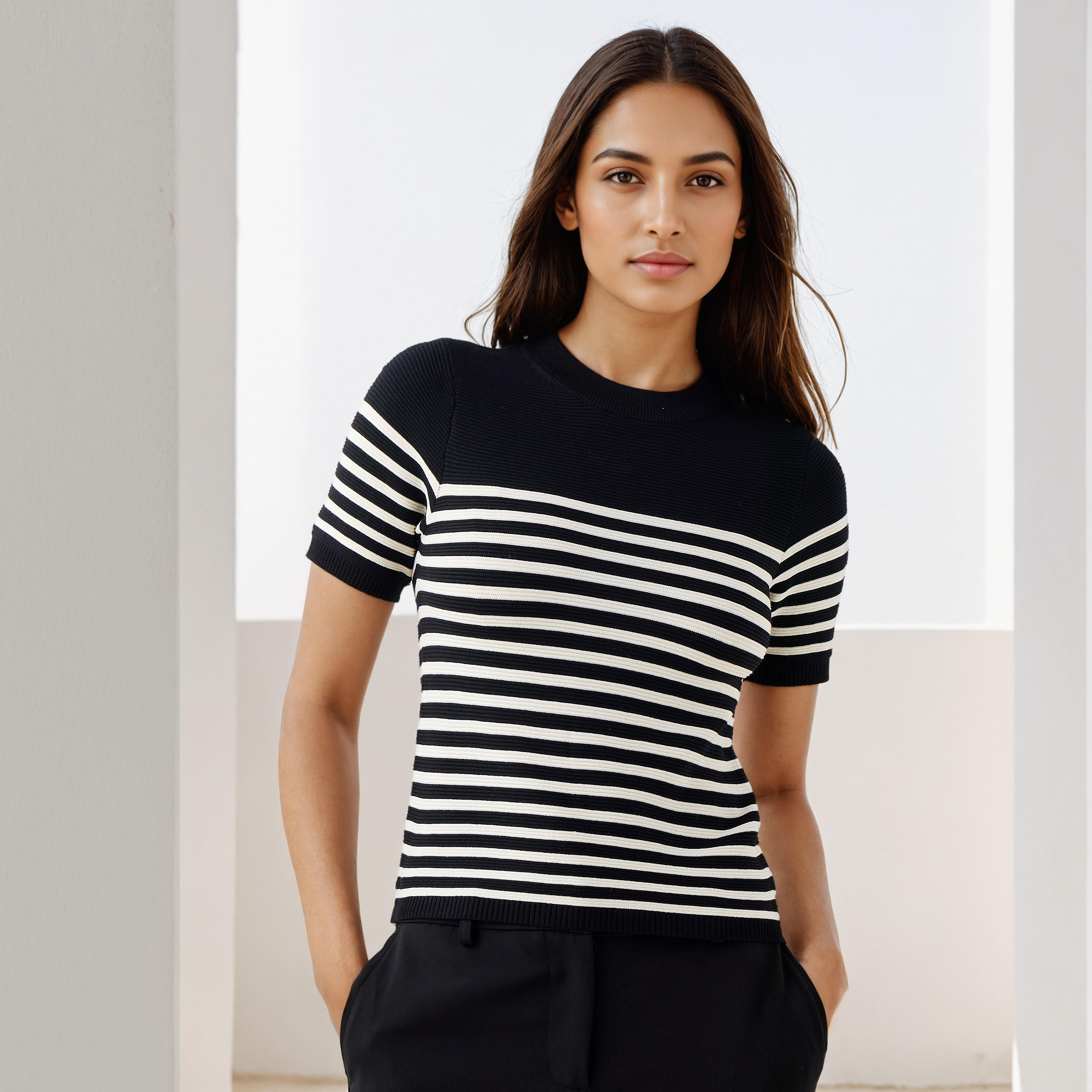 بلوزة محبوكة مقلمة بأكمام قصيرة-women-clothing-cardigansandjumpers-jumpers-image-1