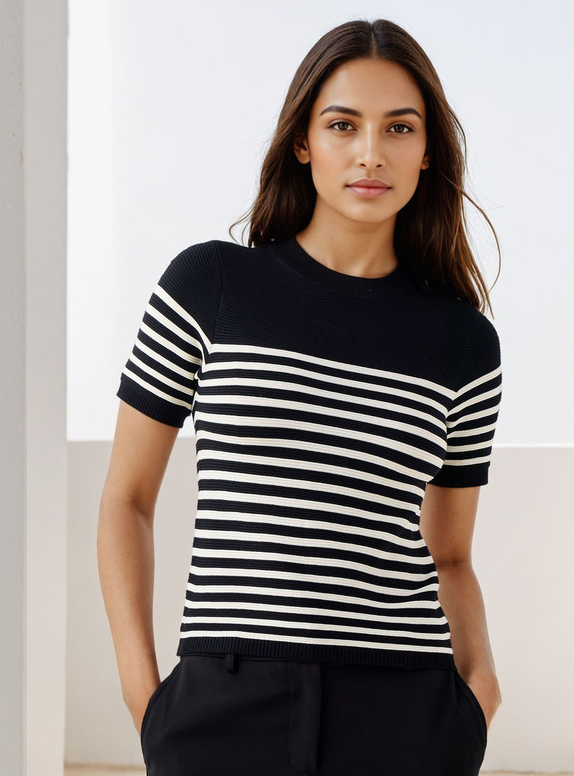 بلوزة محبوكة مقلمة بأكمام قصيرة-women-clothing-cardigansandjumpers-jumpers-image-1