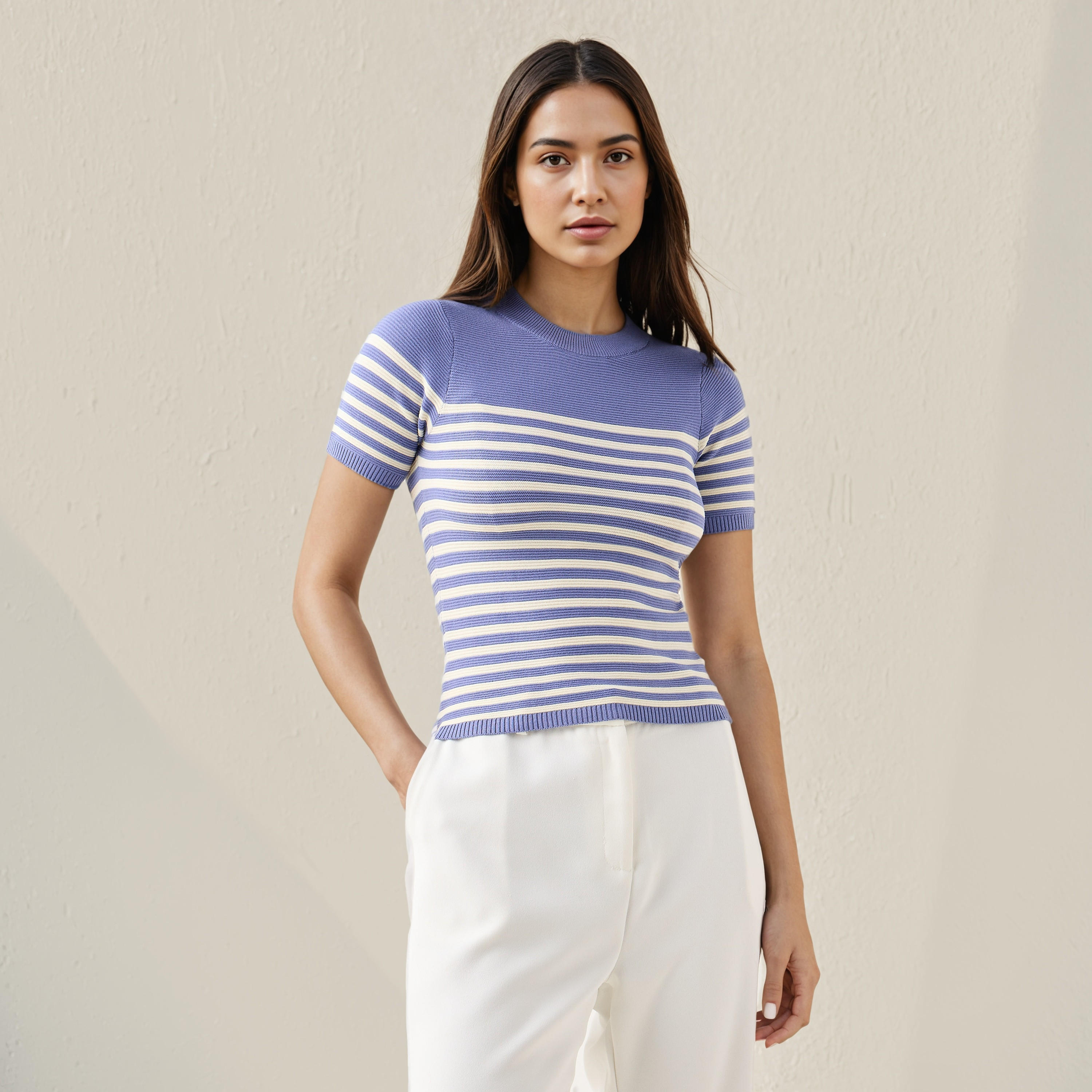 Striped Knit Top with Short Sleeves-women-clothing-cardigansandjumpers-jumpers-image-1