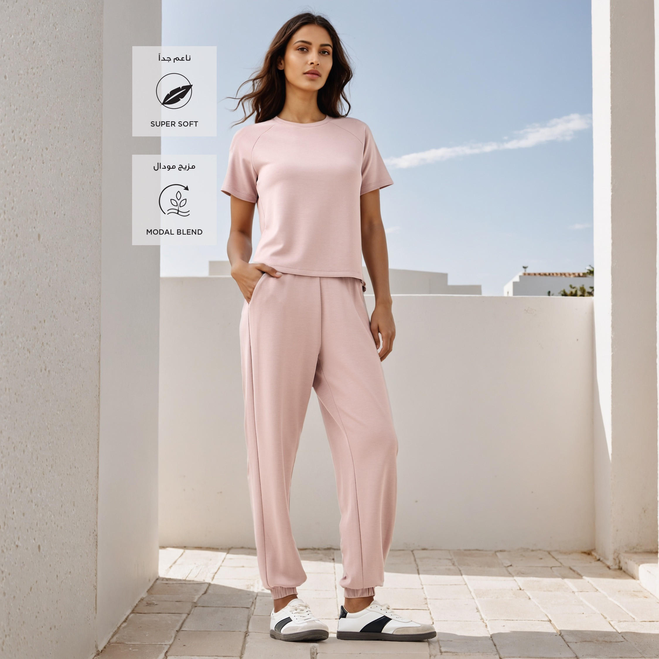 بنطلون رياضي مودال سادة بخصر مطاطي وجيوب-women-clothing-bottoms-joggers-image-2