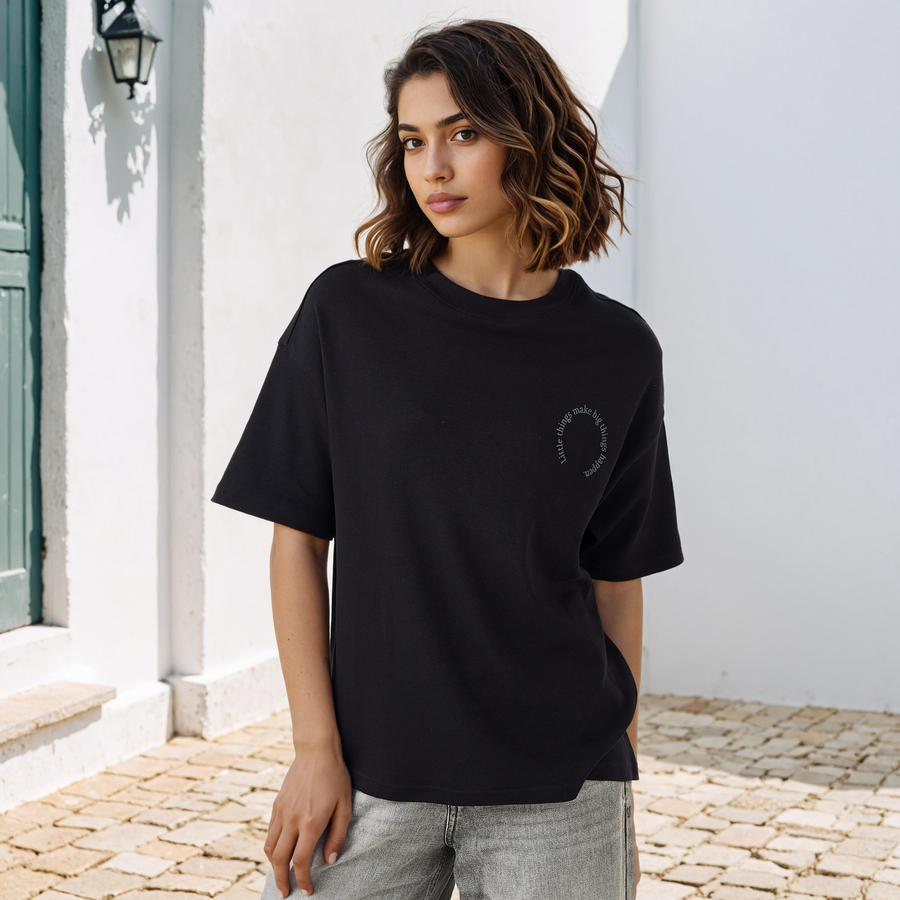 Slogan Print Boxy Cotton T-shirt with Crew Neck-women-clothing-tshirts-image-1