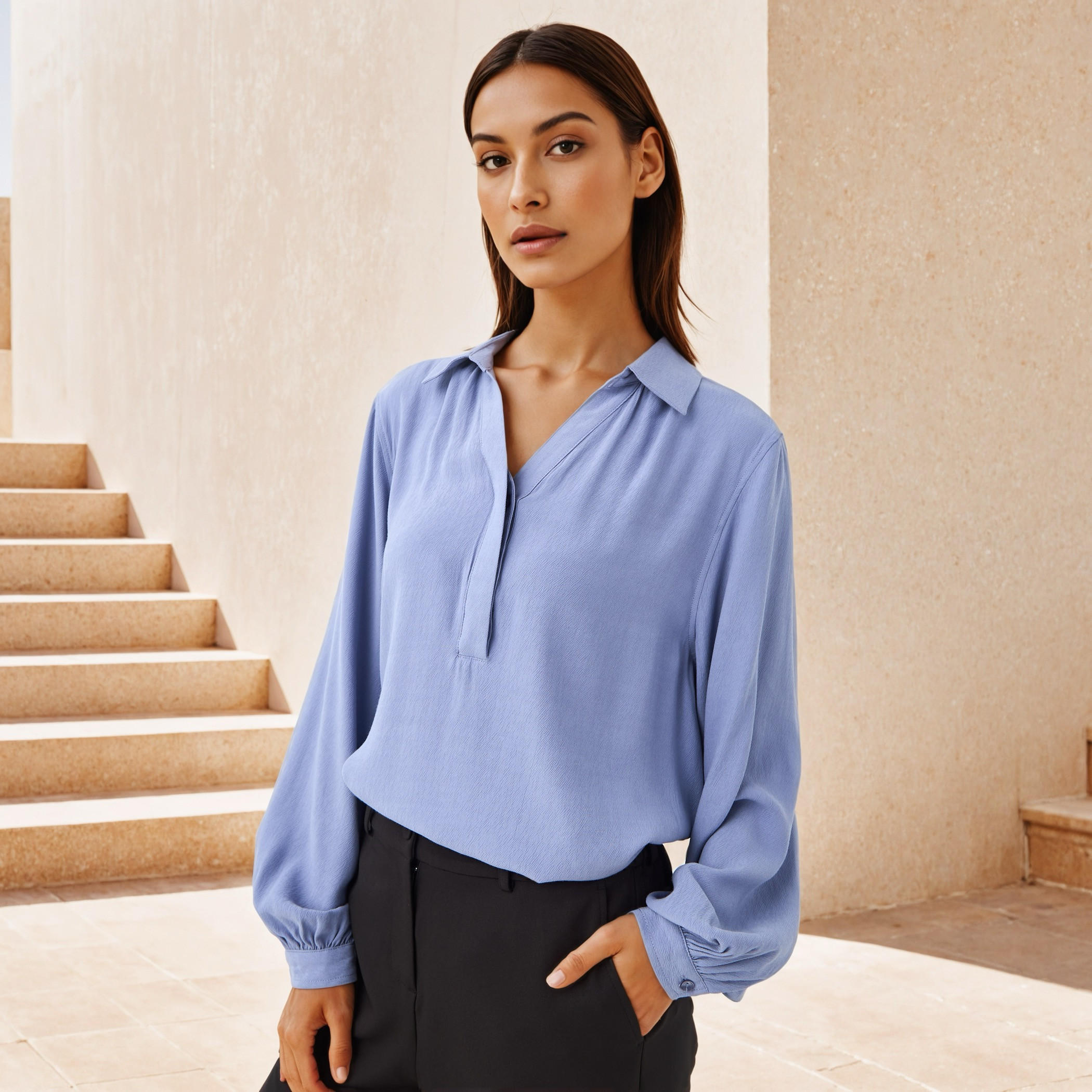 بلوزة بارزة الملمس بقصّة عادية وياقة عادية-women-clothing-shirtsandblouses-blouses-image-3