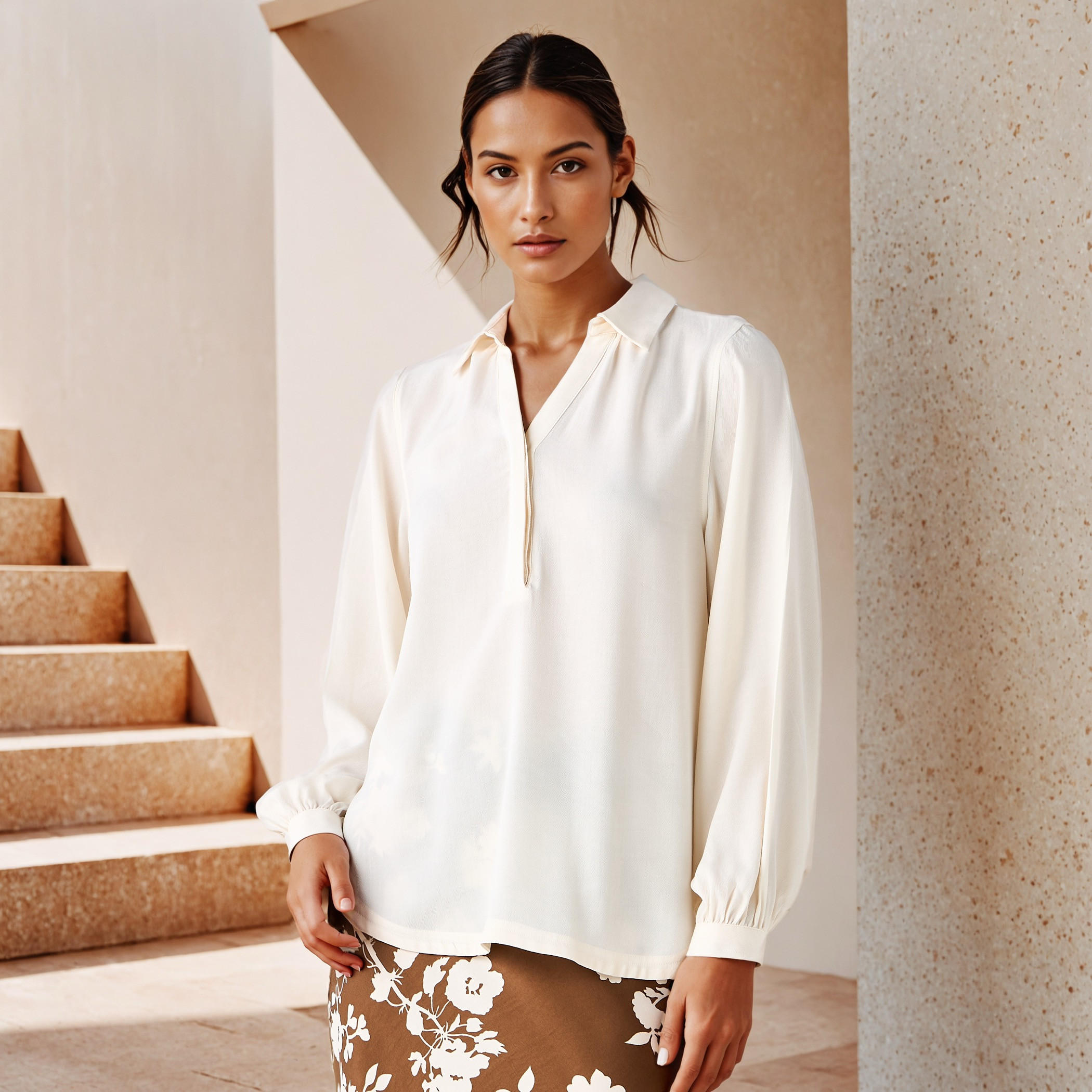 بلوزة بارزة الملمس بقصّة عادية وياقة عادية-women-clothing-shirtsandblouses-blouses-image-1