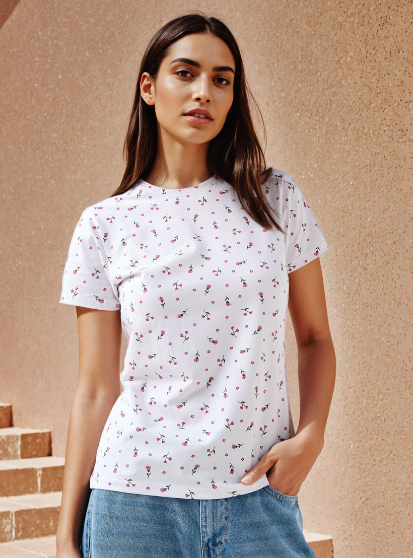 Floral Print Crew Neck T-shirt-women-clothing-tshirts-image-1