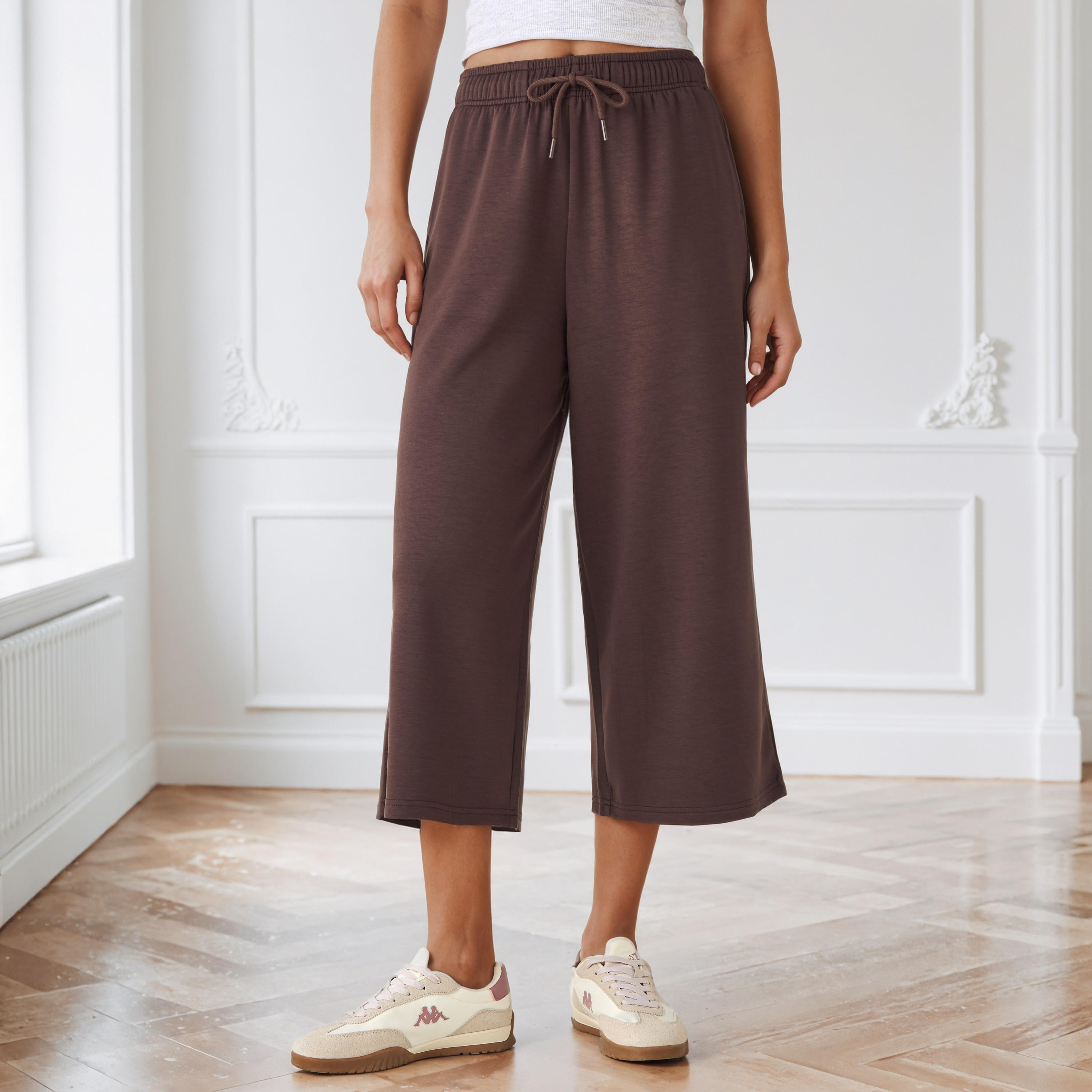 Wide Leg Drawstring Waist Flexi Waist Culottes-women-clothing-bottoms-joggers-image-1