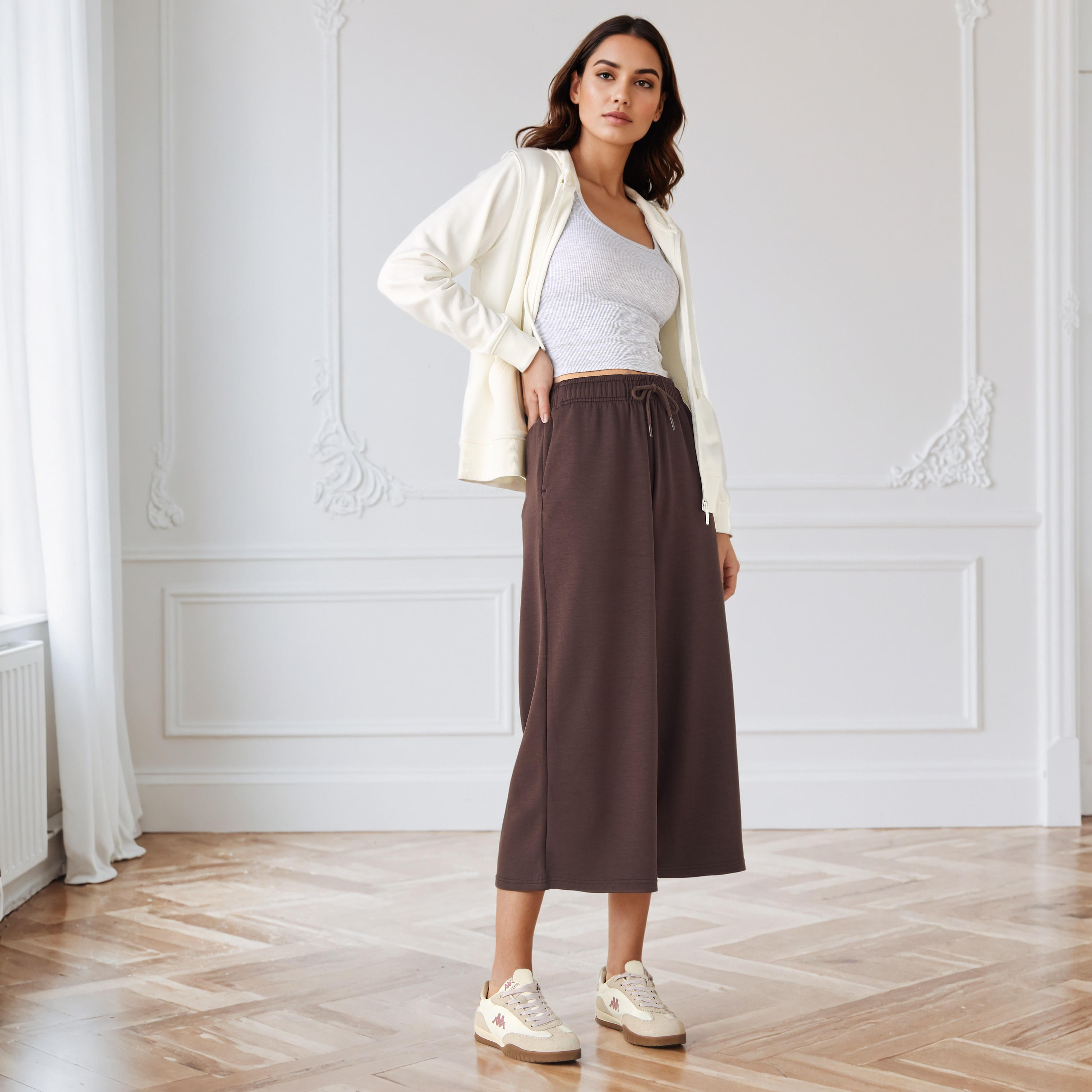 Wide Leg Drawstring Waist Flexi Waist Culottes-women-clothing-bottoms-joggers-image-2