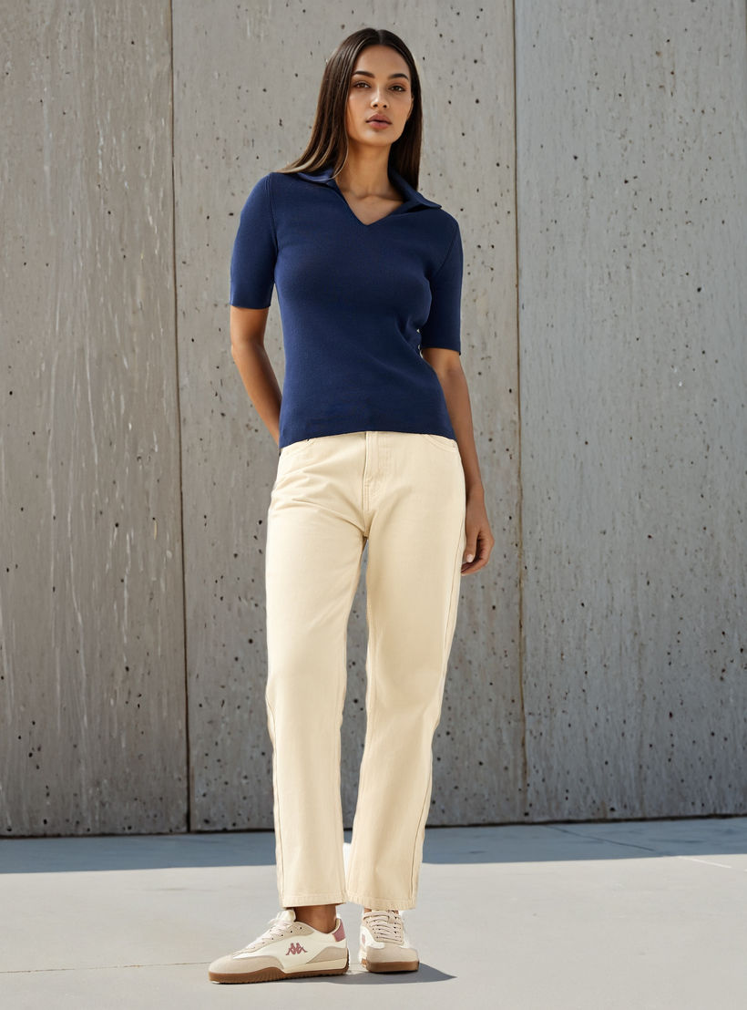 Textured V-neck Polo T-shirt-women-clothing-tshirts-image-2