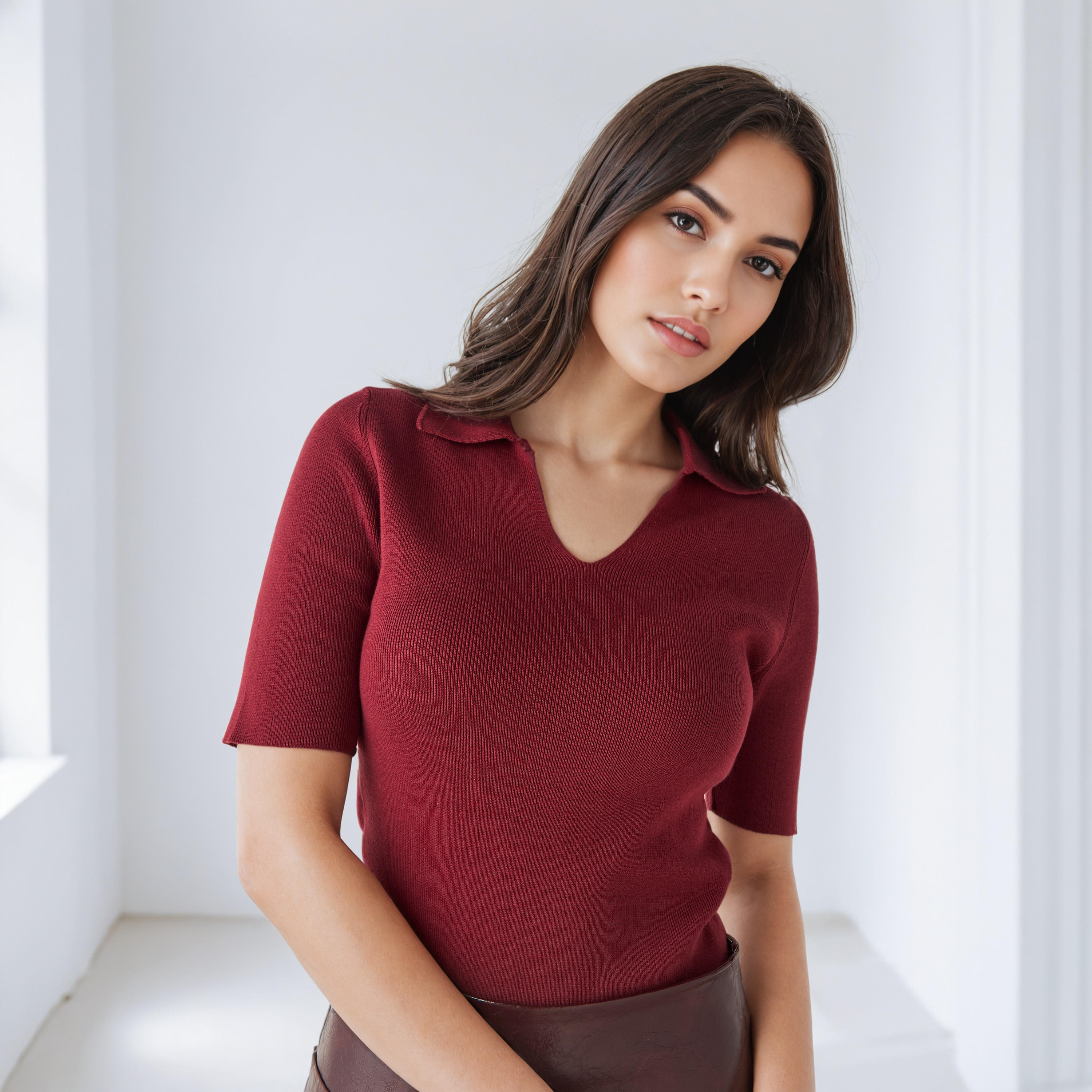 Textured V-neck Polo T-shirt-women-clothing-tshirts-image-1