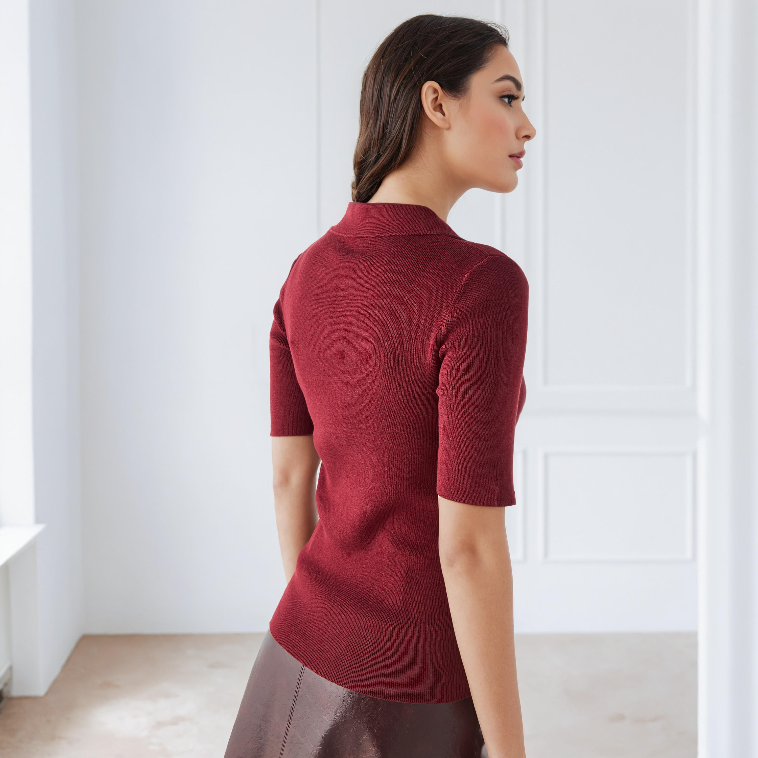 Textured V-neck Polo T-shirt-women-clothing-tshirts-image-3