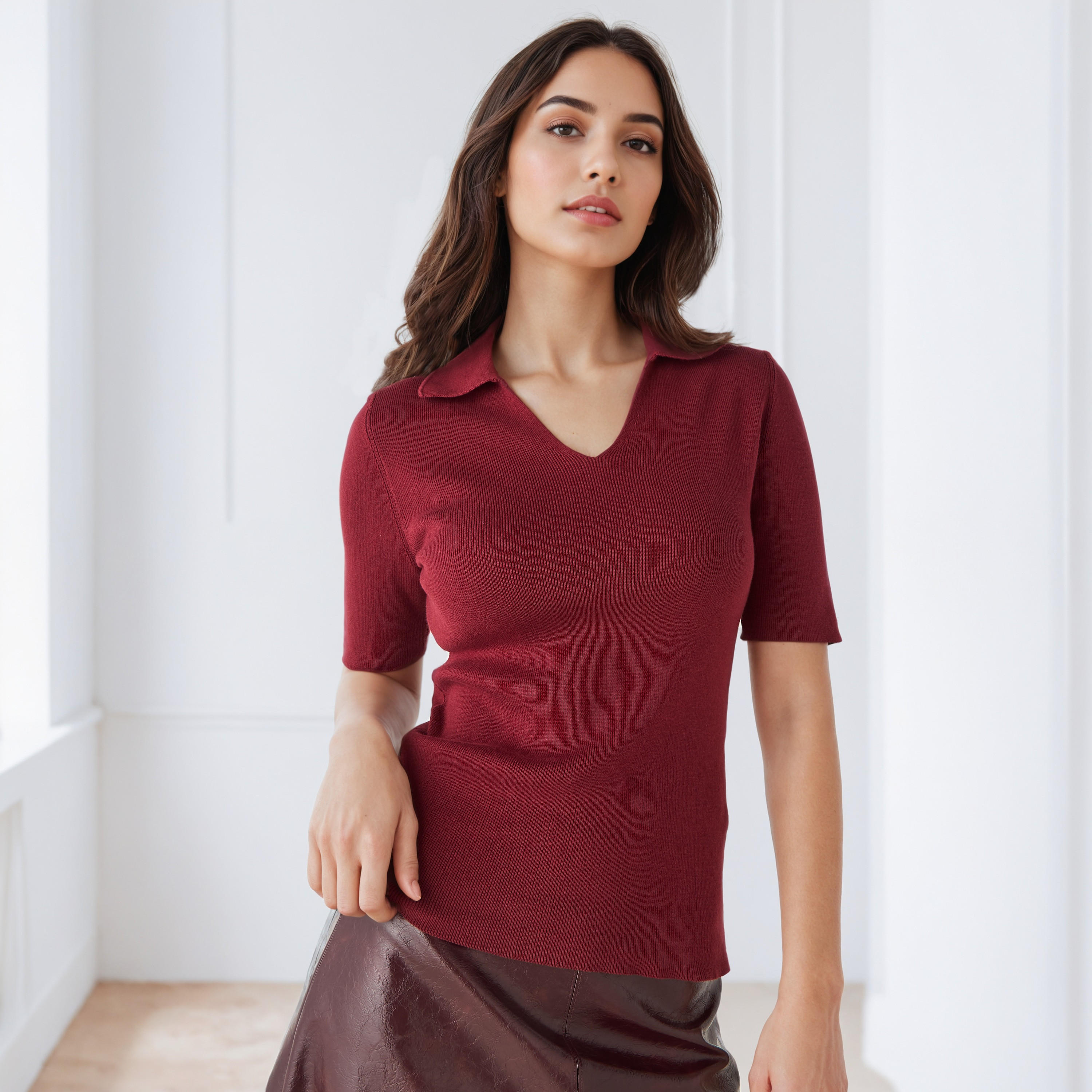 Textured V-neck Polo T-shirt-women-clothing-tshirts-image-5