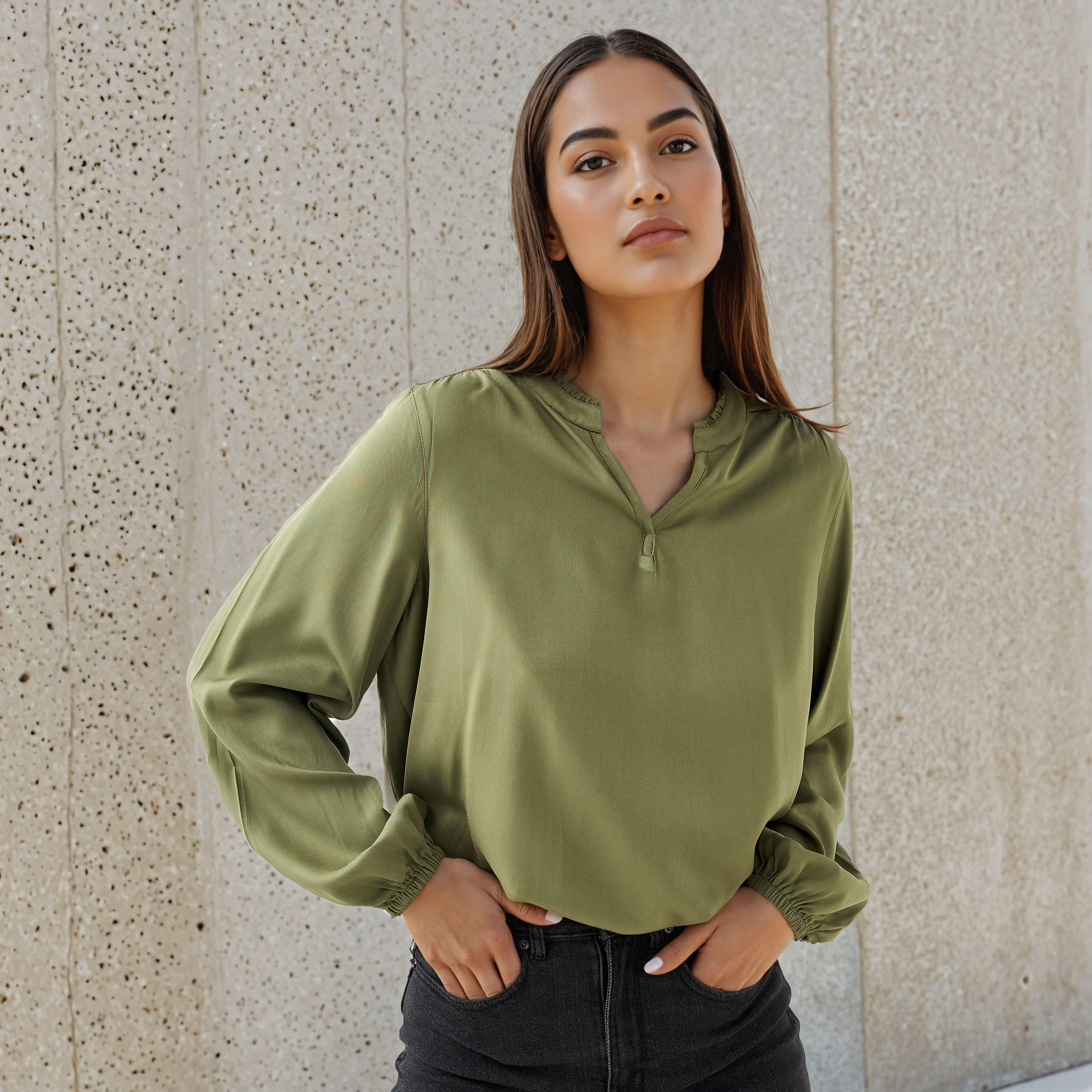 Regular Fit Mandarin Collar Top-women-clothing-shirtsandblouses-blouses-image-1