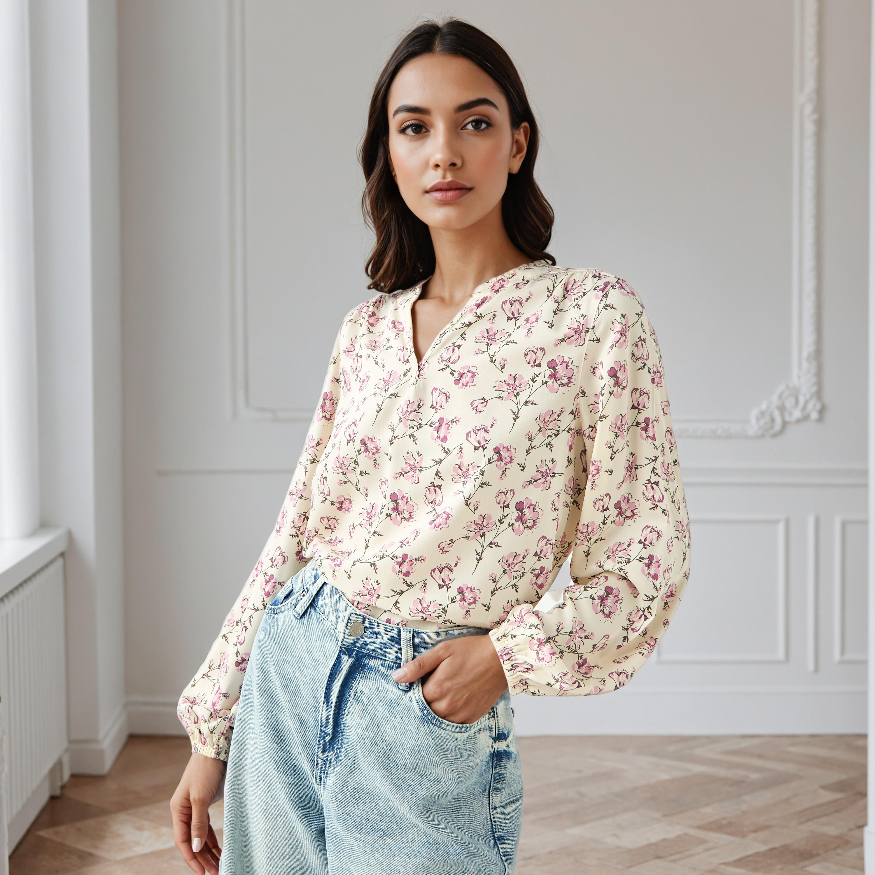 Floral Print Top with Collar-women-clothing-shirtsandblouses-blouses-image-1
