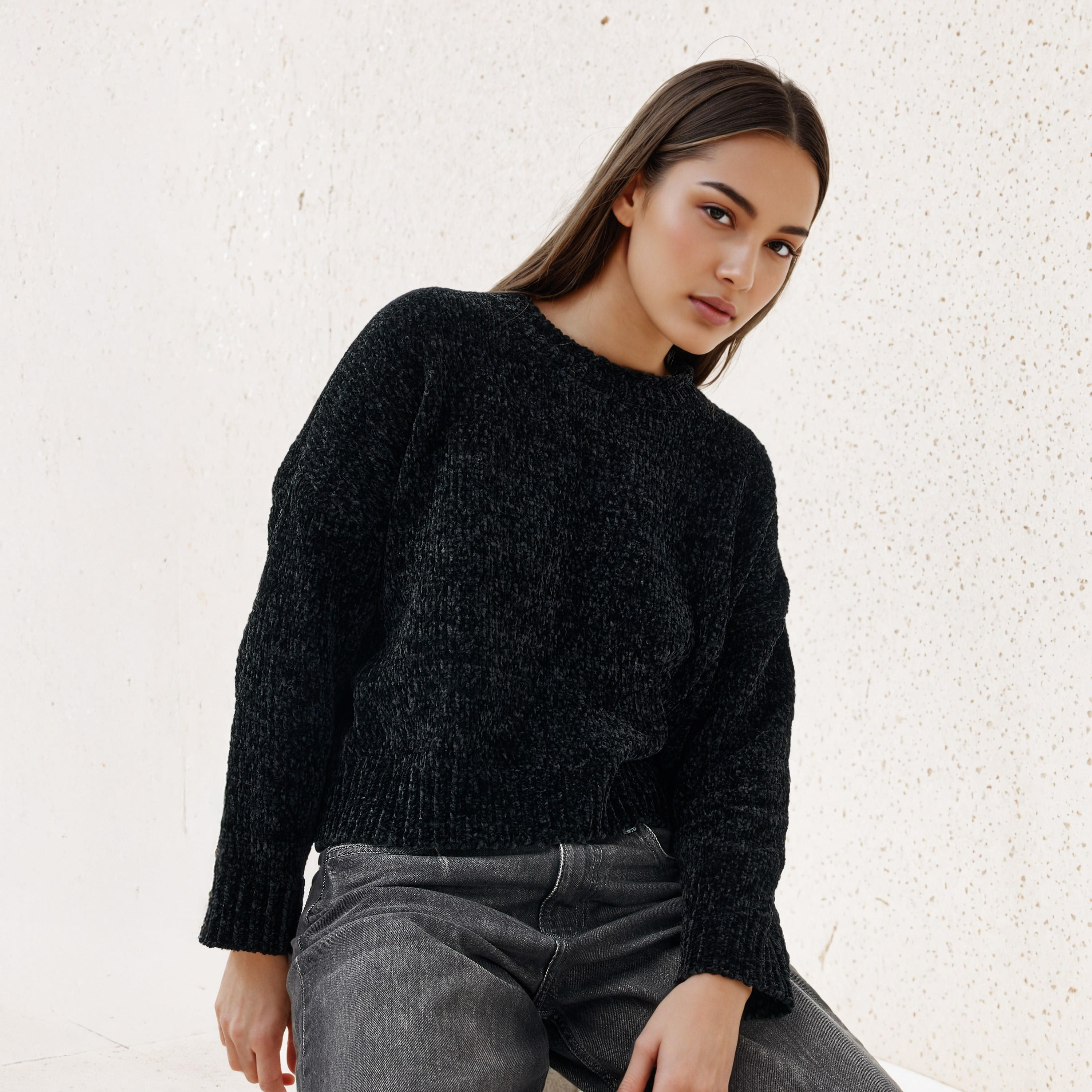 كنزة شانيل بارزة الملمس بكتف ساقط-women-clothing-cardigansandjumpers-jumpers-image-1