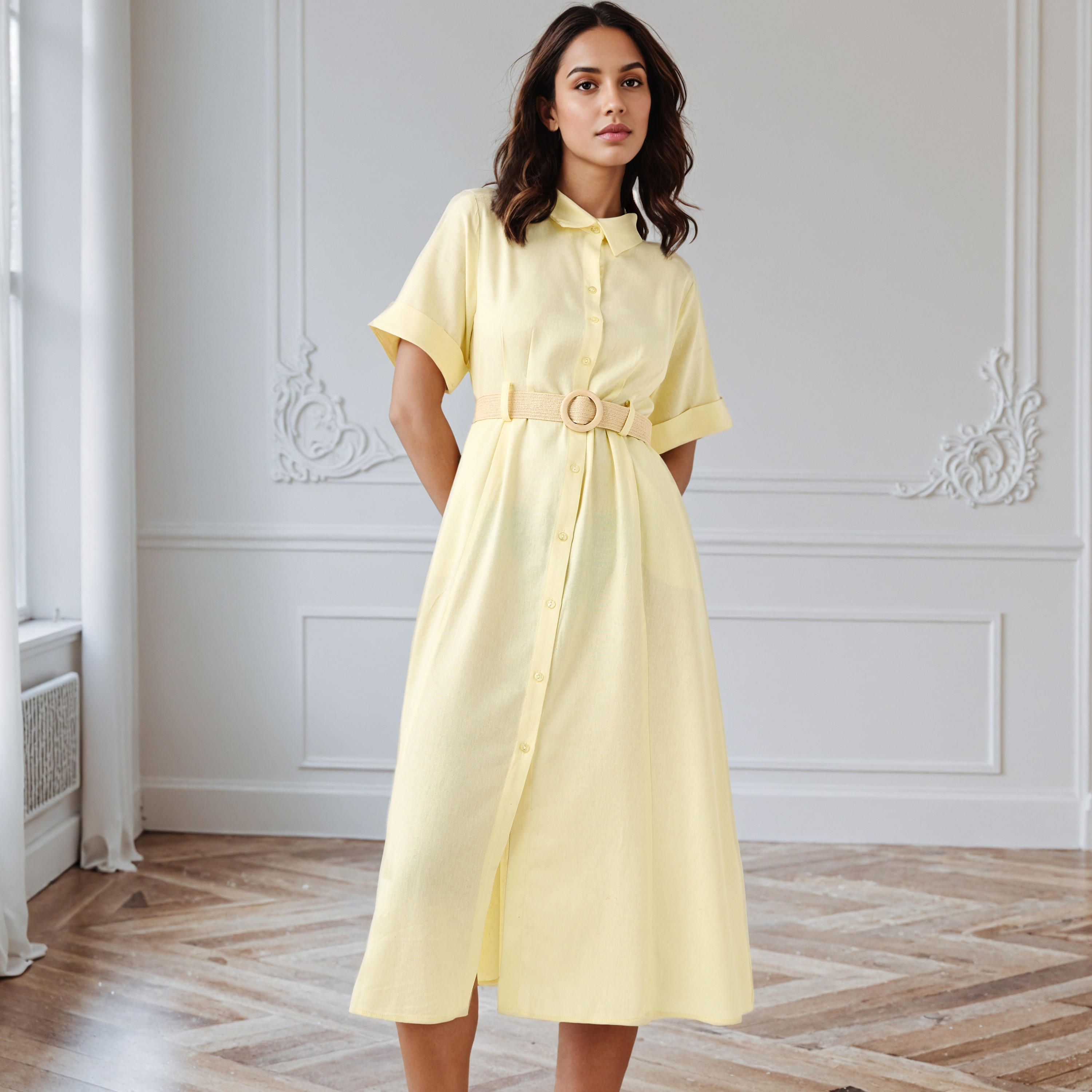 A-line Linen Blend Shirt Dress with Pockets-women-clothing-dresses-image-1