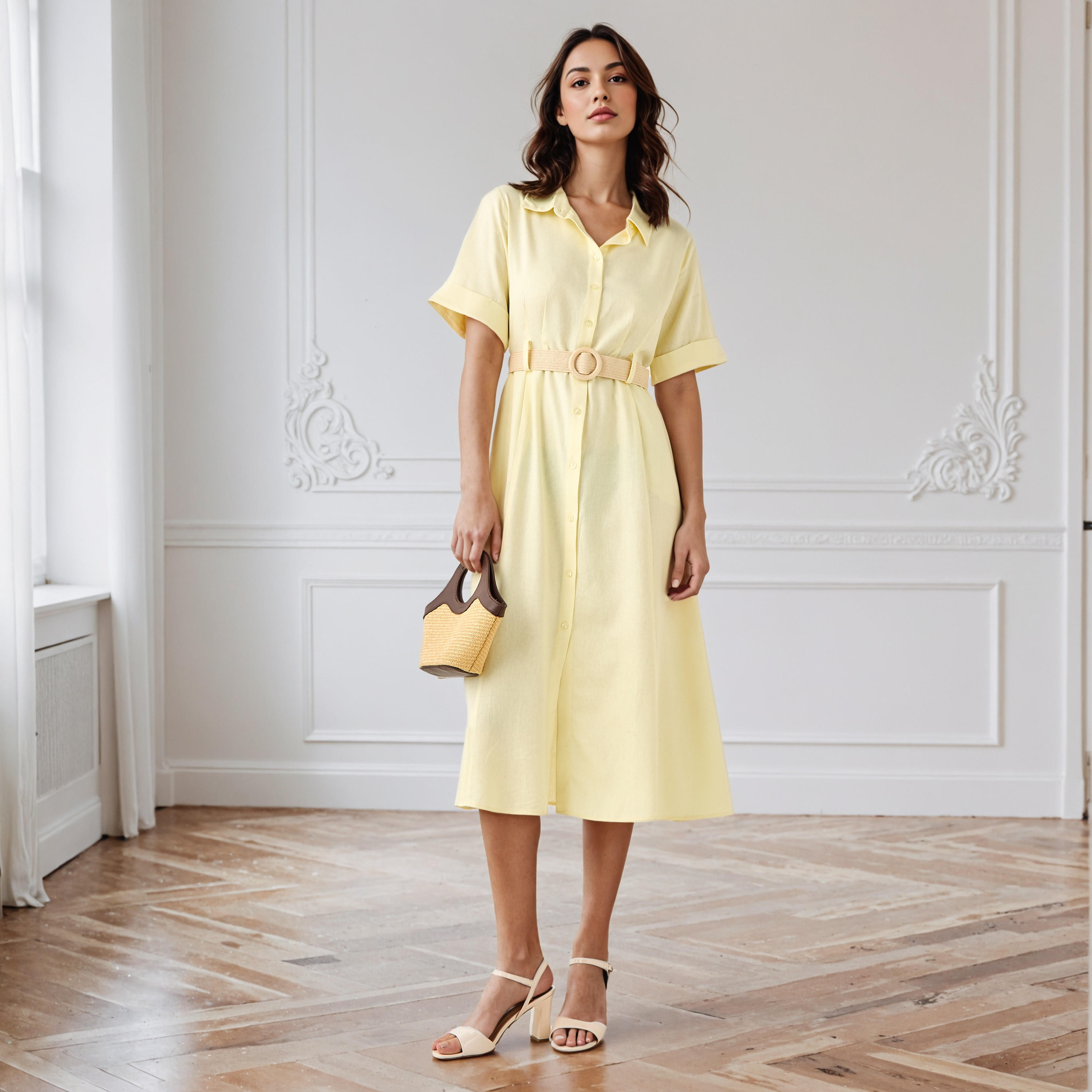 A-line Linen Blend Shirt Dress with Pockets-women-clothing-dresses-image-2