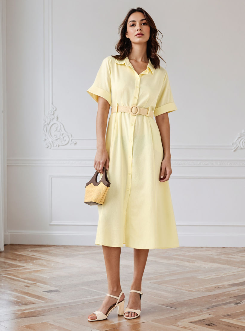 A-line Linen Blend Shirt Dress with Pockets-women-clothing-dresses-image-2