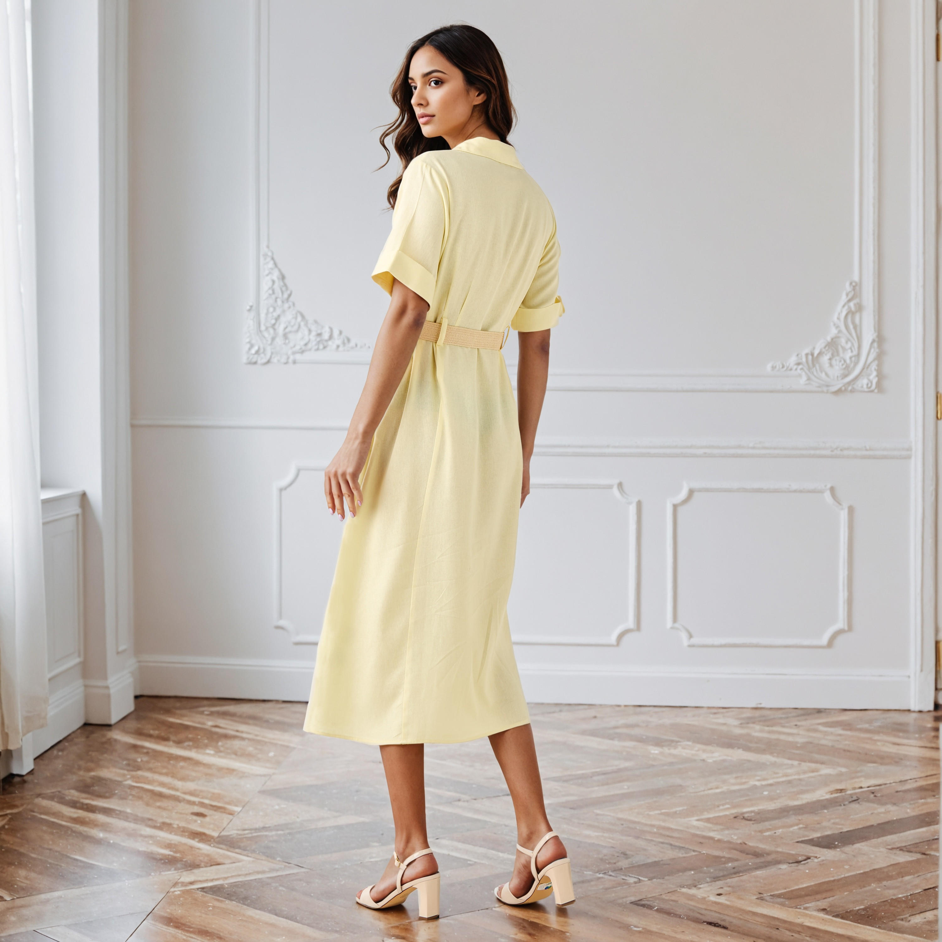 A-line Linen Blend Shirt Dress with Pockets-women-clothing-dresses-image-3