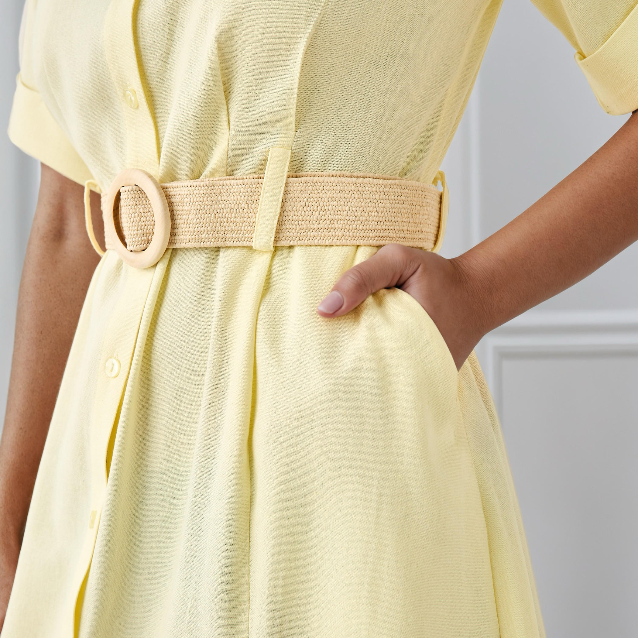 A-line Linen Blend Shirt Dress with Pockets-women-clothing-dresses-image-4