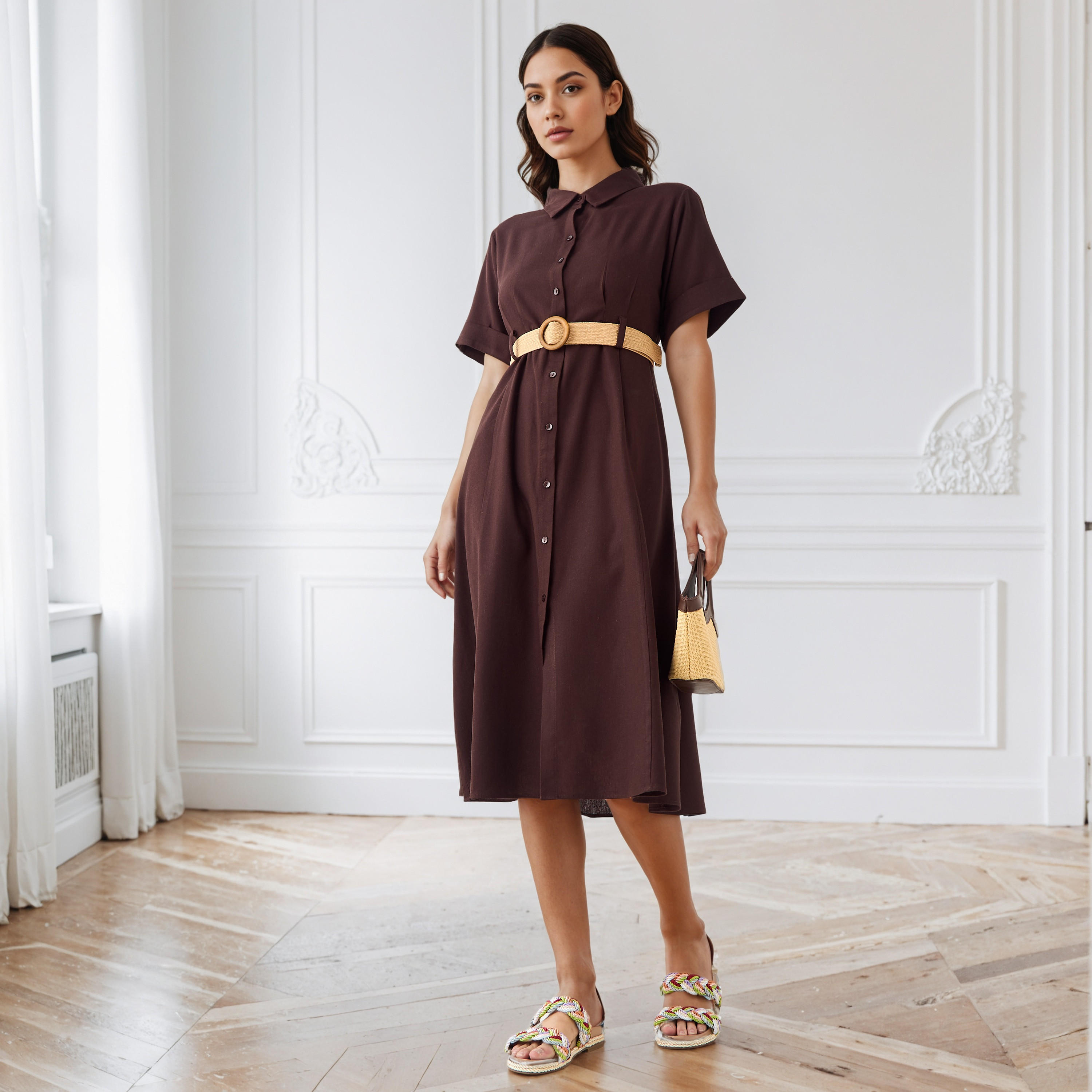 A-line Linen Blend Shirt Dress with Pockets-women-clothing-dresses-image-1