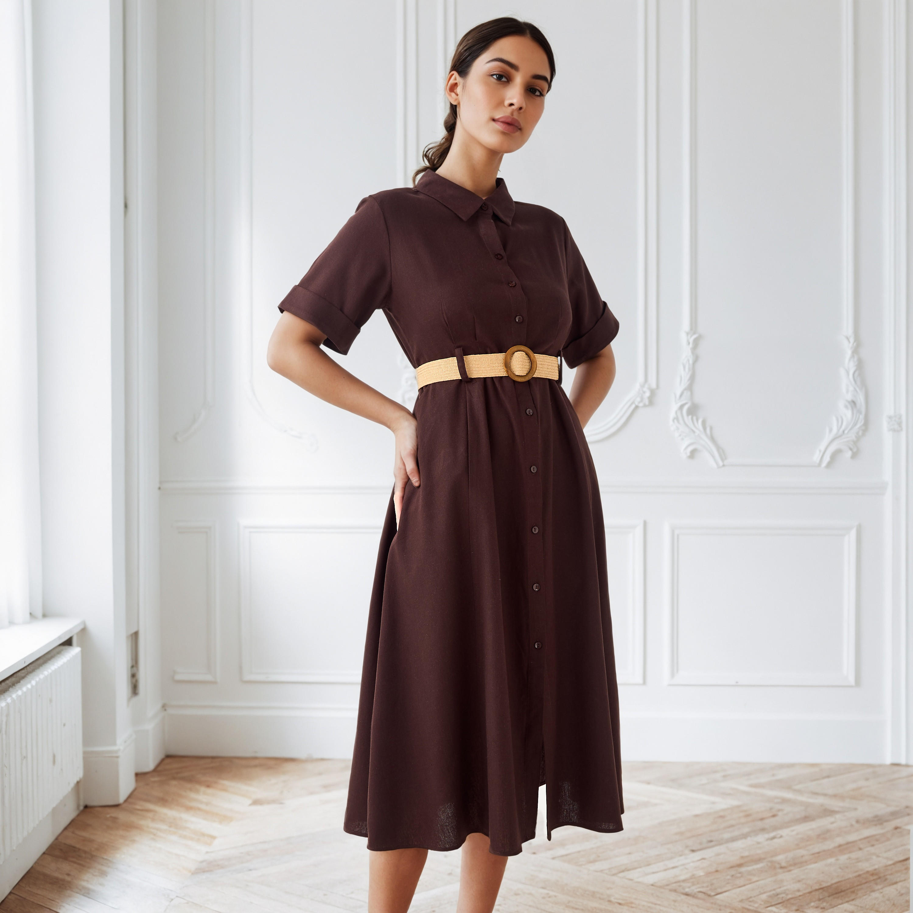 A-line Linen Blend Shirt Dress with Pockets-women-clothing-dresses-image-2