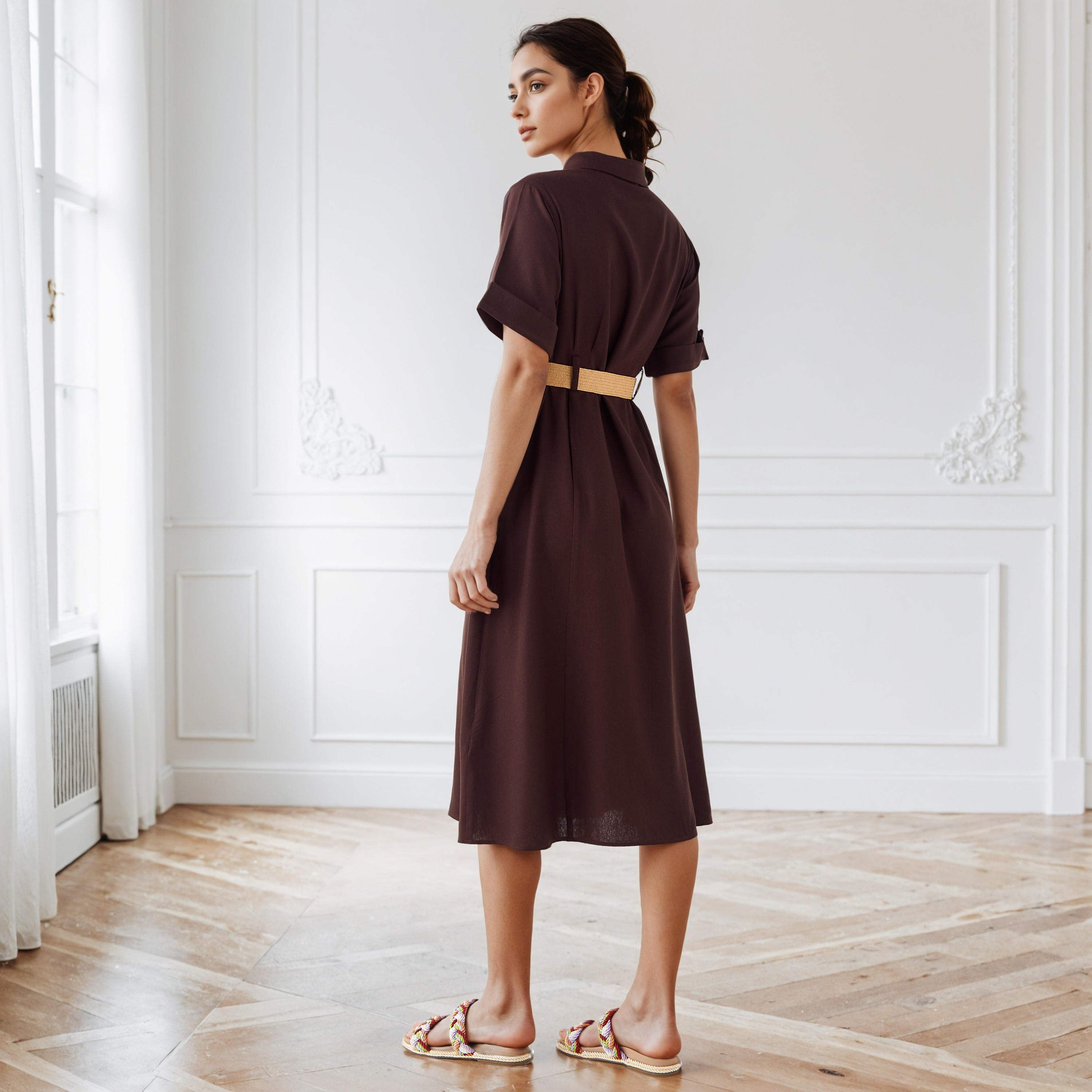 A-line Linen Blend Shirt Dress with Pockets-women-clothing-dresses-image-3