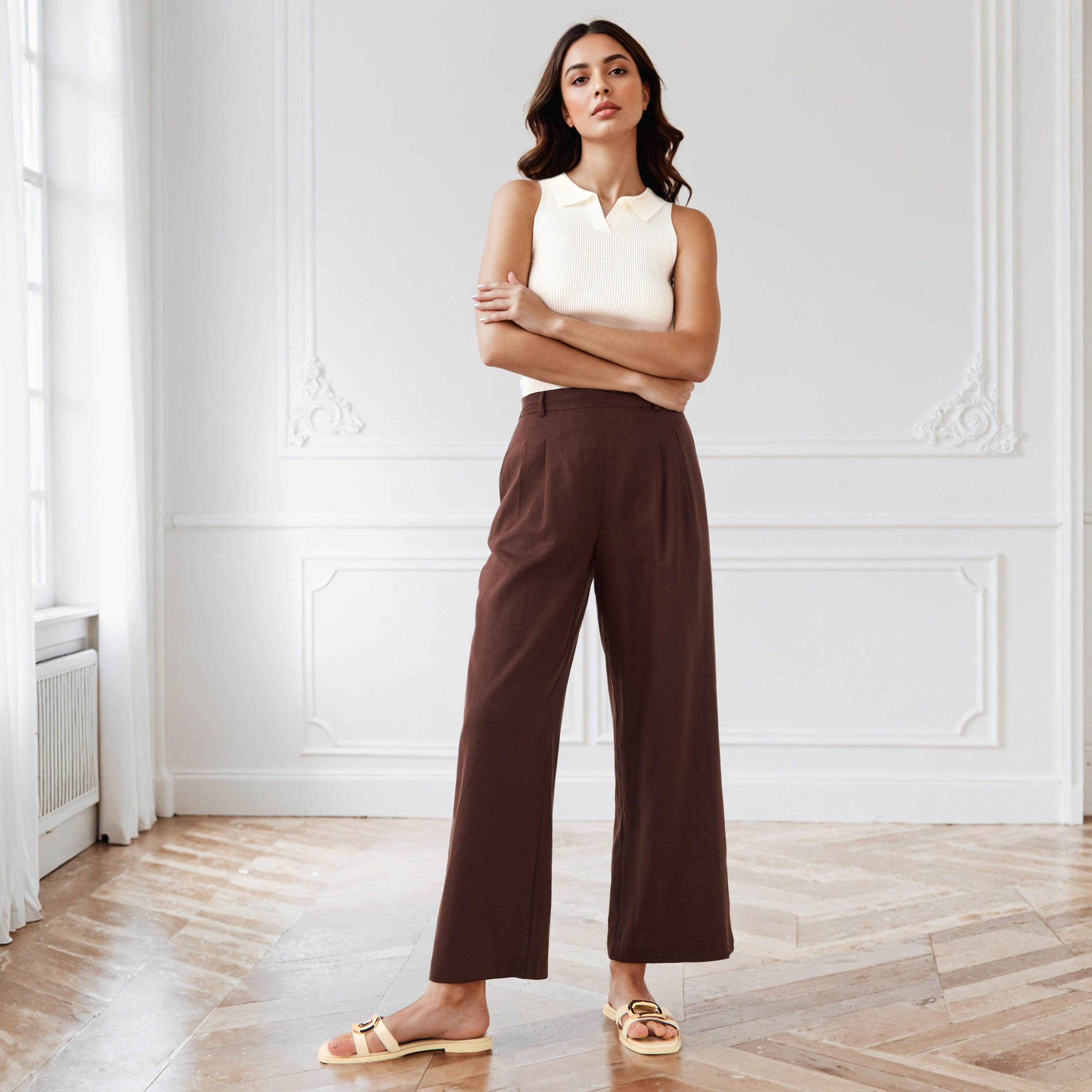 بنطلون واسع الساقين من مزيج الكتان بكُسرات وخصر مطاطي-women-clothing-bottoms-trousers-image-2