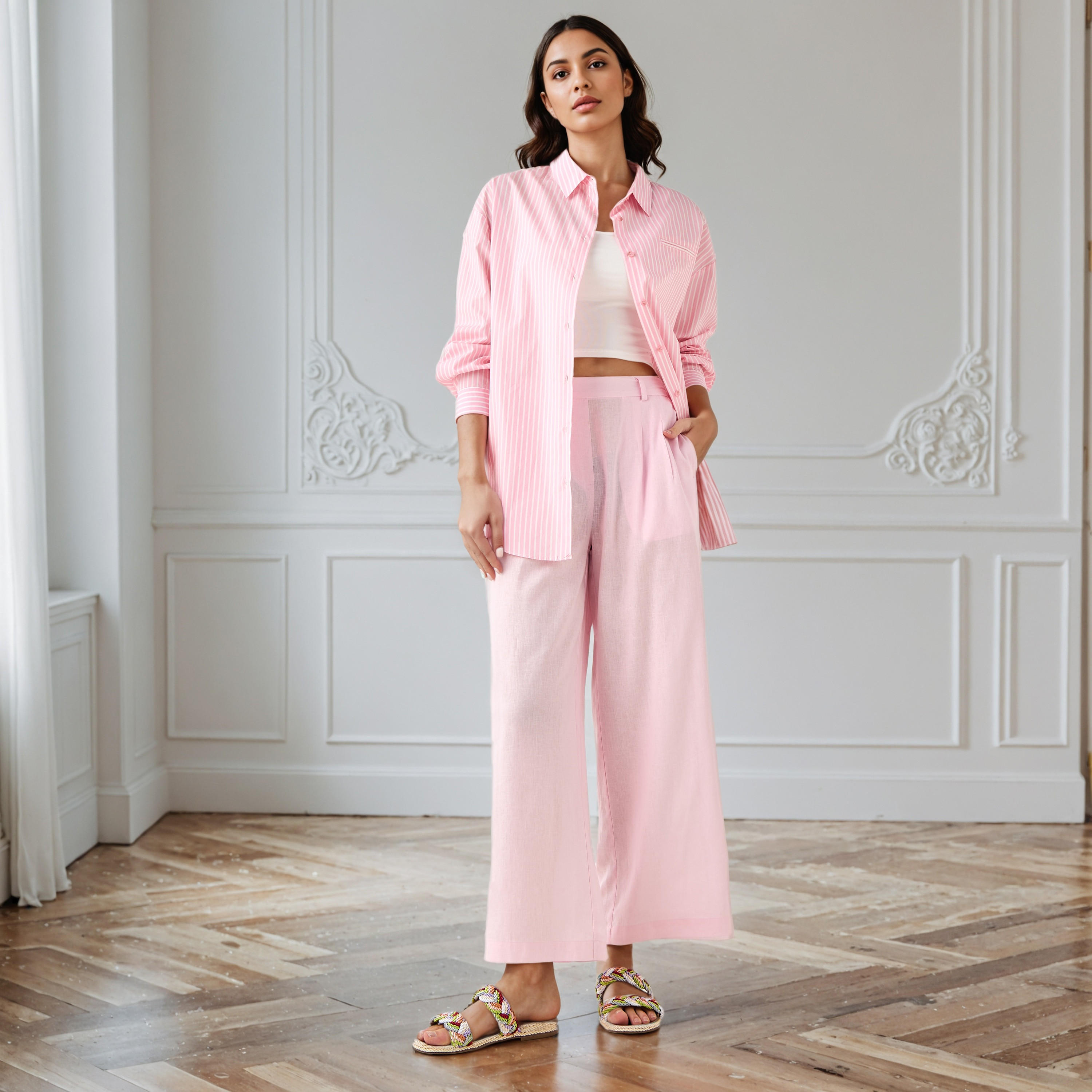 Pleated Linen Blend Wide Leg Flexi Waist Trousers-women-clothing-bottoms-trousers-image-2