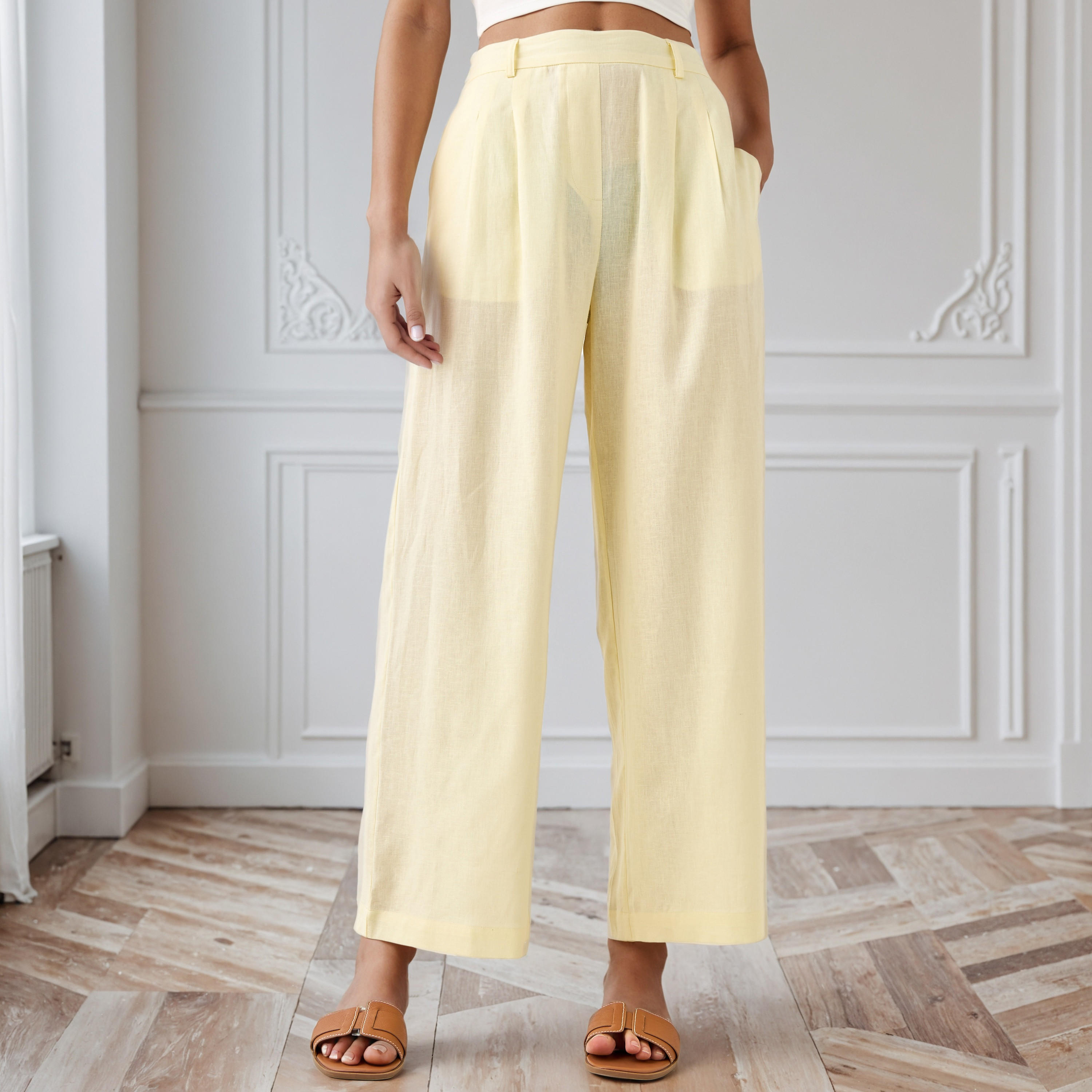 Pleated Linen Blend Wide Leg Flexi Waist Trousers-women-clothing-bottoms-trousers-image-1