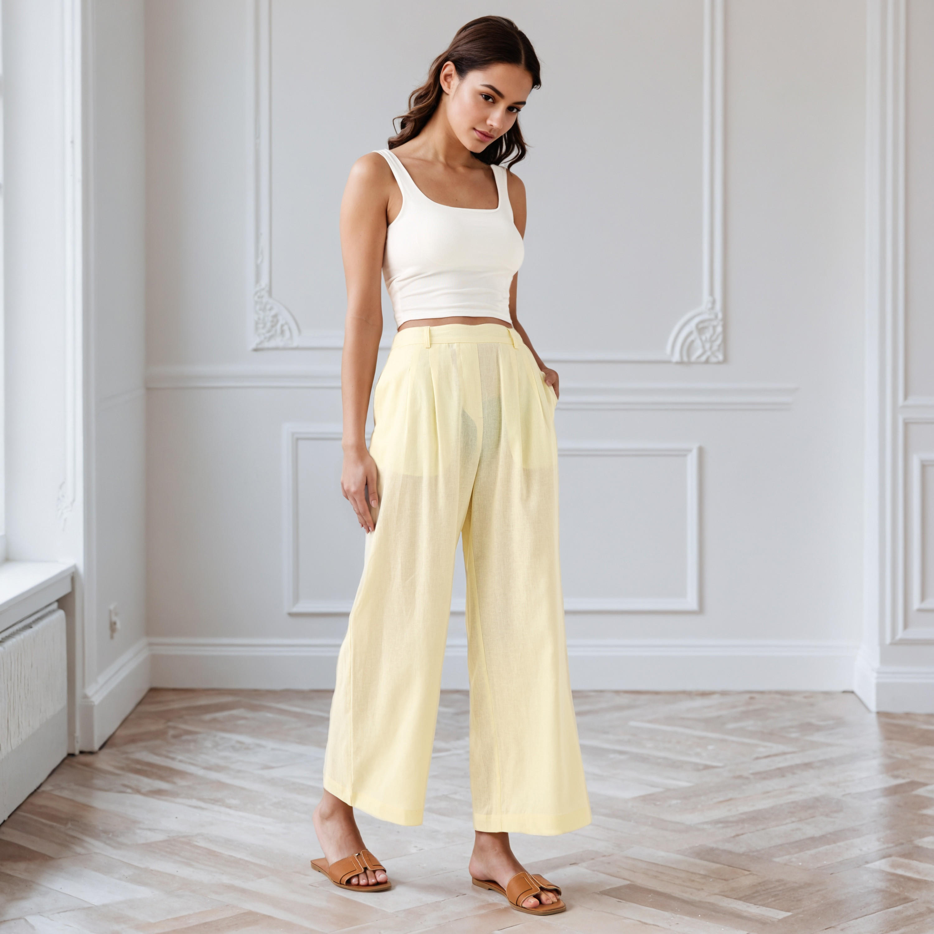 Pleated Linen Blend Wide Leg Flexi Waist Trousers-women-clothing-bottoms-trousers-image-2