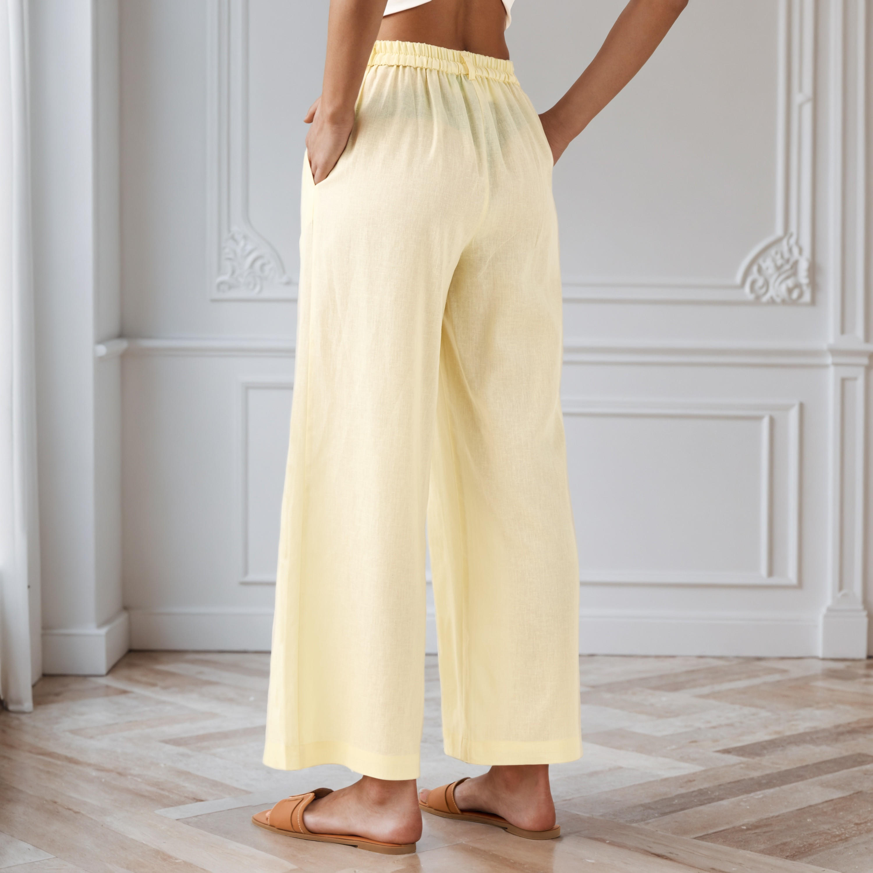 Pleated Linen Blend Wide Leg Flexi Waist Trousers-women-clothing-bottoms-trousers-image-3