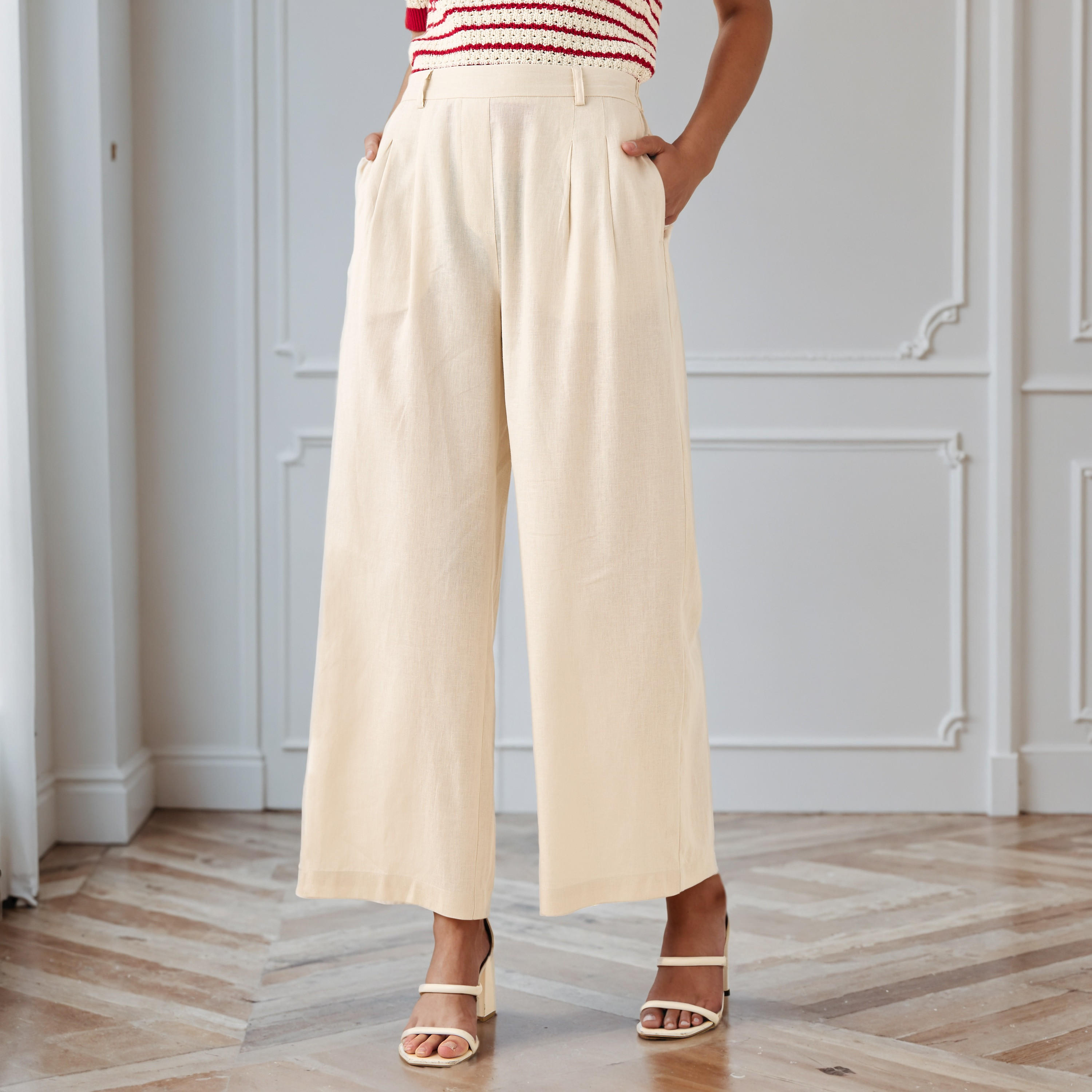 Pleated Linen Blend Wide Leg Flexi Waist Trousers-women-clothing-bottoms-trousers-image-1